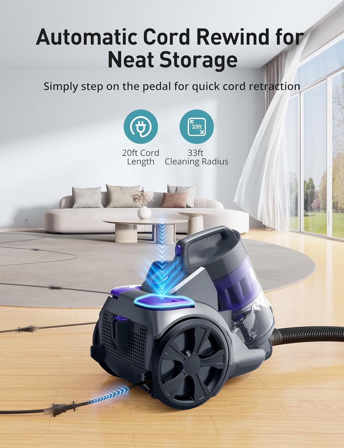 Aspiron 1700W Canister Vacuum Cleaner, 32Kpa Bagless Vacuum Cleaner, Multi-Cyclonic Filtration, 2 Anti-Allergen HEPA Filters, 3.5QT Dust Cup, 4 Tools, Corded Vacuum for Hard Floor, Pet Hair, Lavender