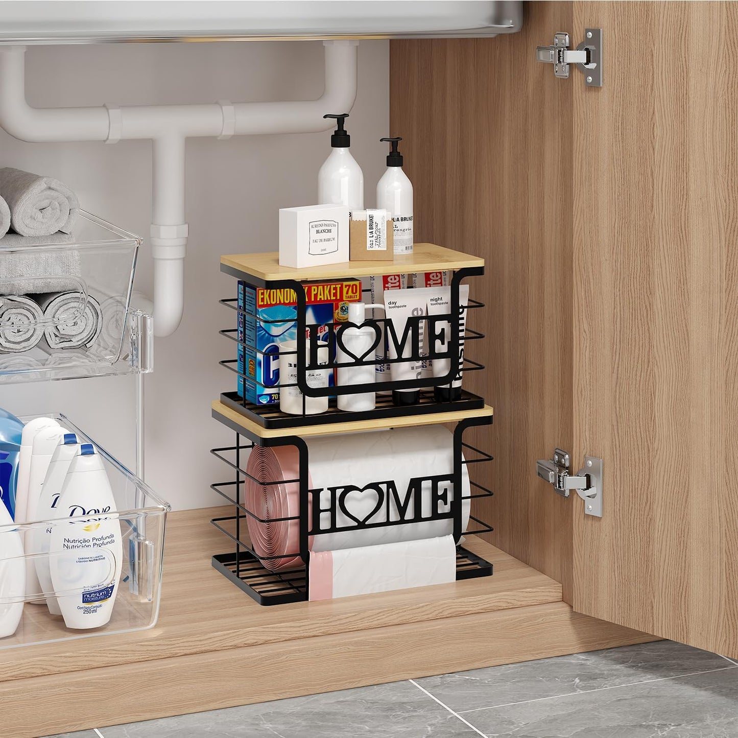 Trash Bag Holder, Thipoten Trash Bags Dispenser with Bamboo Top, Suitable for Garbage Bags Purchased Online or Supermarket, Perfect Storage Organizers for Cabinet, Under Sink (Black, Extra Large)