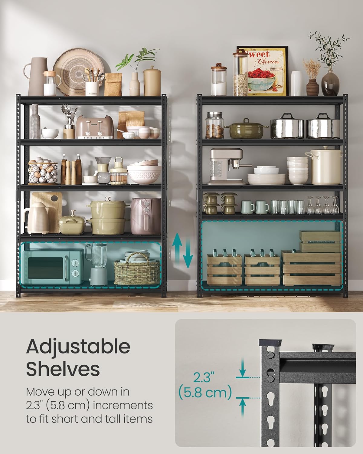 SONGMICS 5-Tier Storage Shelves, Heavy-Duty Garage Shelving, Adjustable Shelving Unit, Steel Shelf, Boltless Assembly, for Garage, 2,200 lb Load, 24 x 96 x 72 Inches, Ink Black UGLR454B02