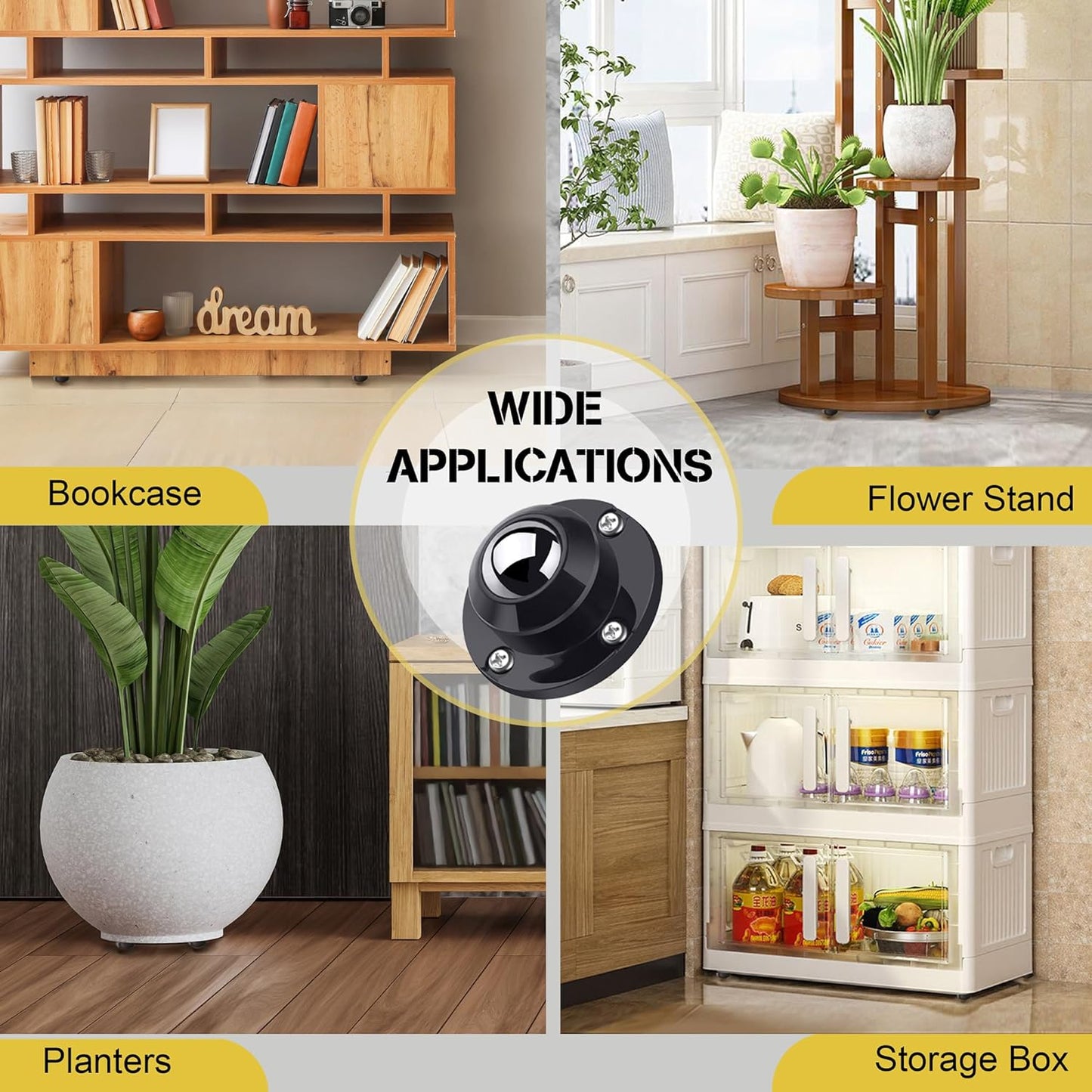 PlusRoc 4 Pack Anti-Rust Wheels Stainless Steel Self Adhesive Caster Wheels for Kitchen Appliance Rollers Sliders Mop Bucket, Load Capacity 28LBS Per Wheel for Furniture