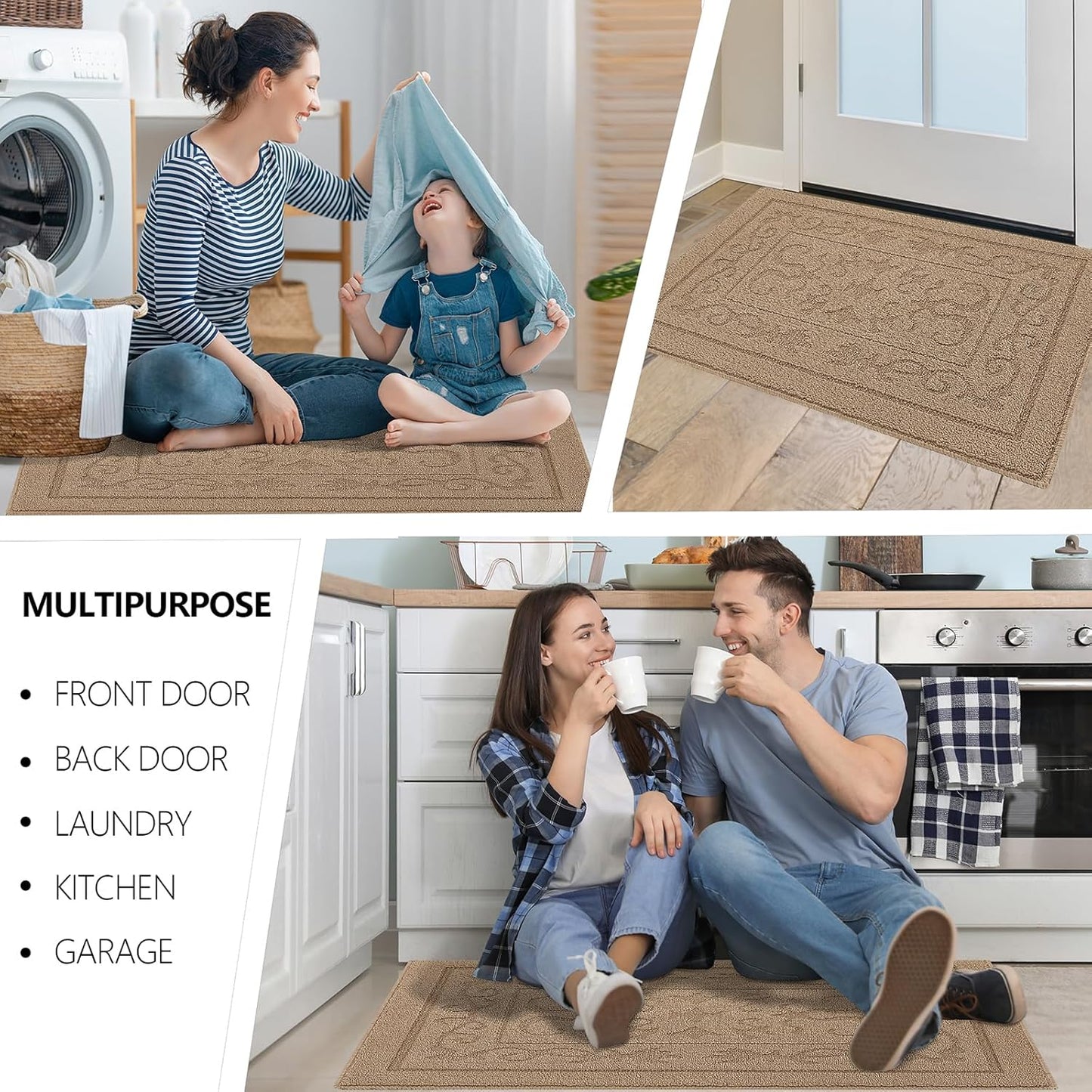 FONEYI Indoor Door Mat 24" x 36", Dirt Trapper Door Mats Non-Slip Entryway Rugs Washable, Absorbent Resist Dirt Welcome Mat, Low Profile Inside Floor Mats for Front Back Door and Entryway, Beige