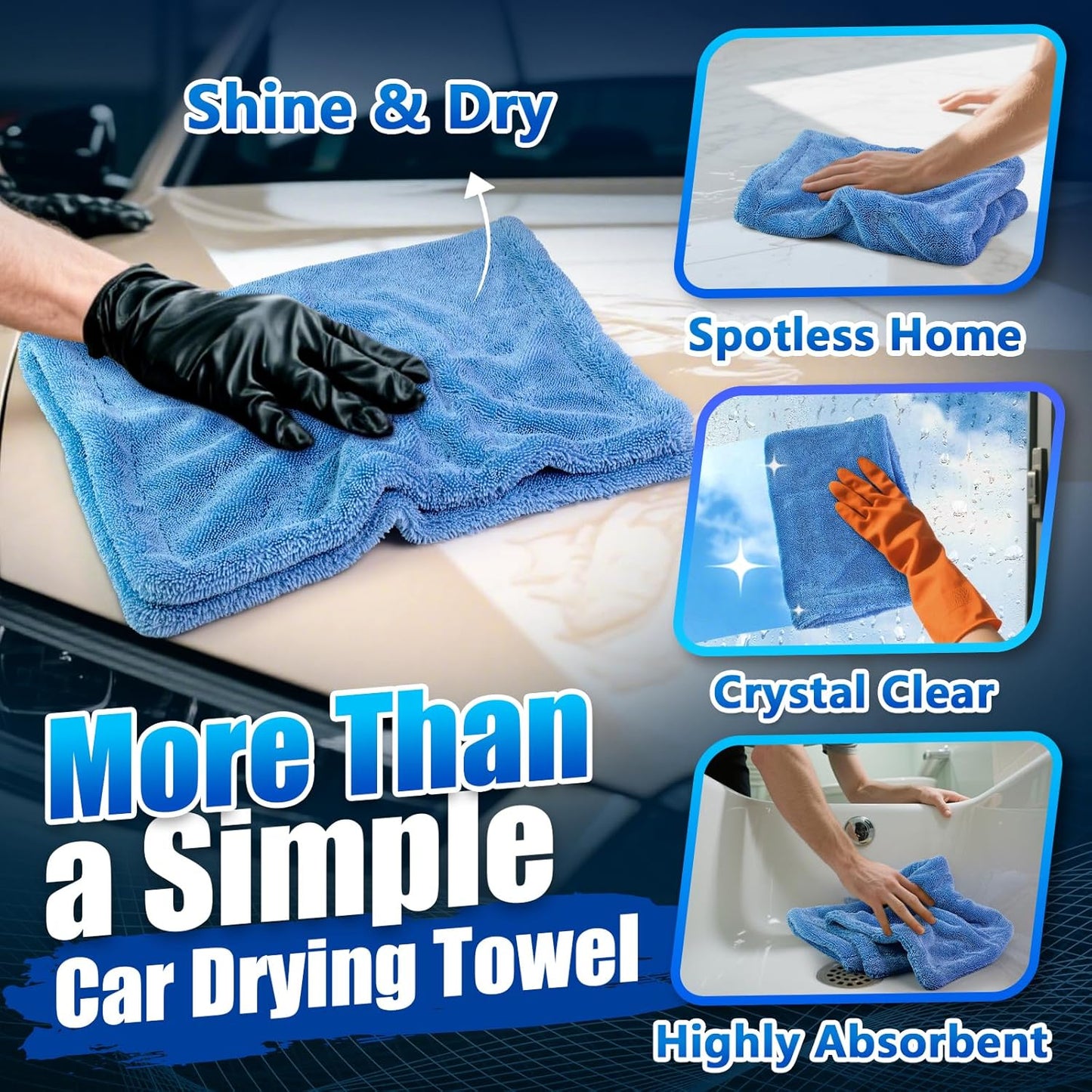 Airlab Car Drying Towel Microfiber Towels for Cars 1200 GSM Wash Auto Detailing Supplies Twist Pile Cleaning Cloth Absorbent Quick Dry Soft Loop Dry Flash Towel, 24 x 16 Inch,Pack of 1, Blue