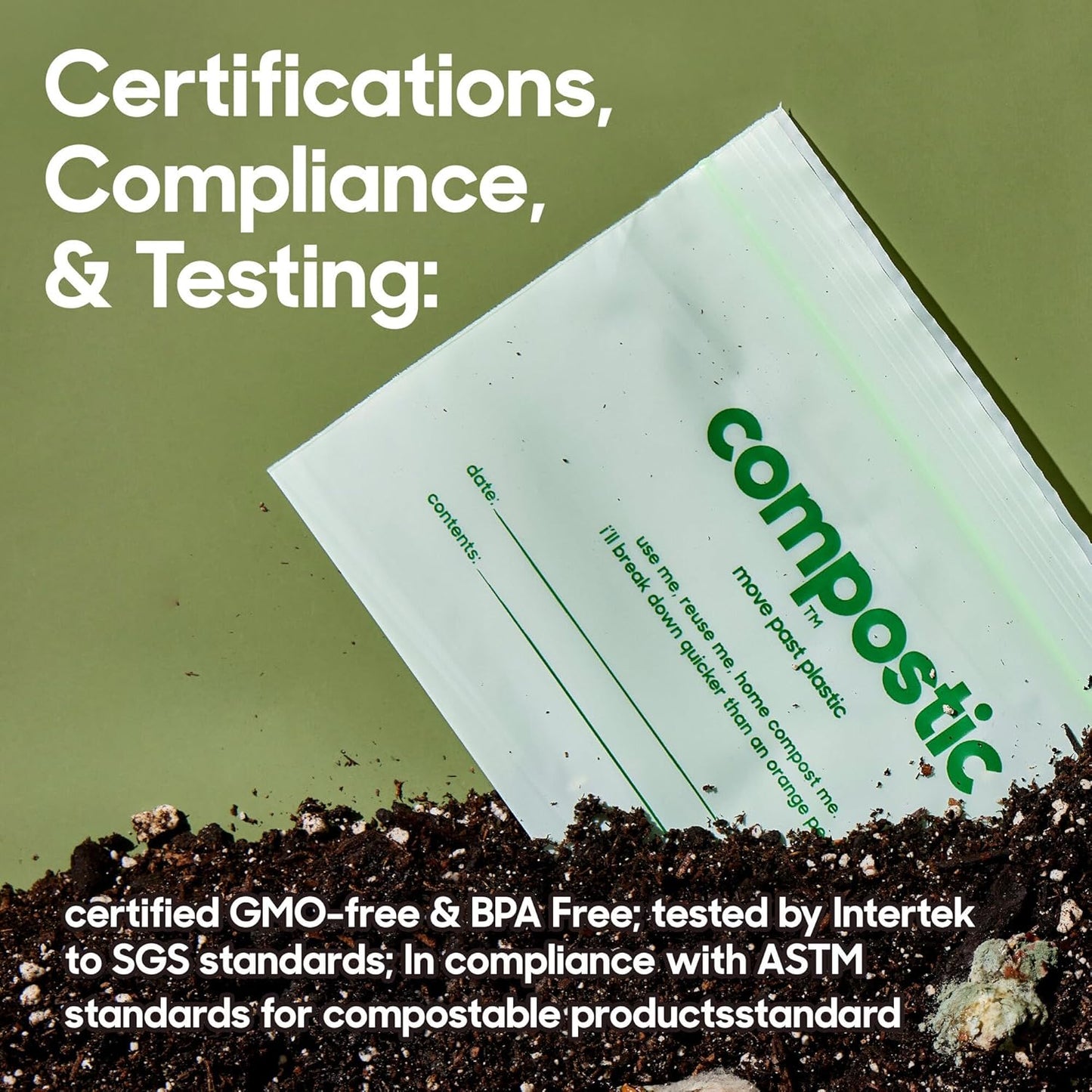 Compostic Home Compostable Resealable Snack Bags (6"x 3.5"), Microwave & Freezer Safe, Organic Food Storage Container, 100 Count