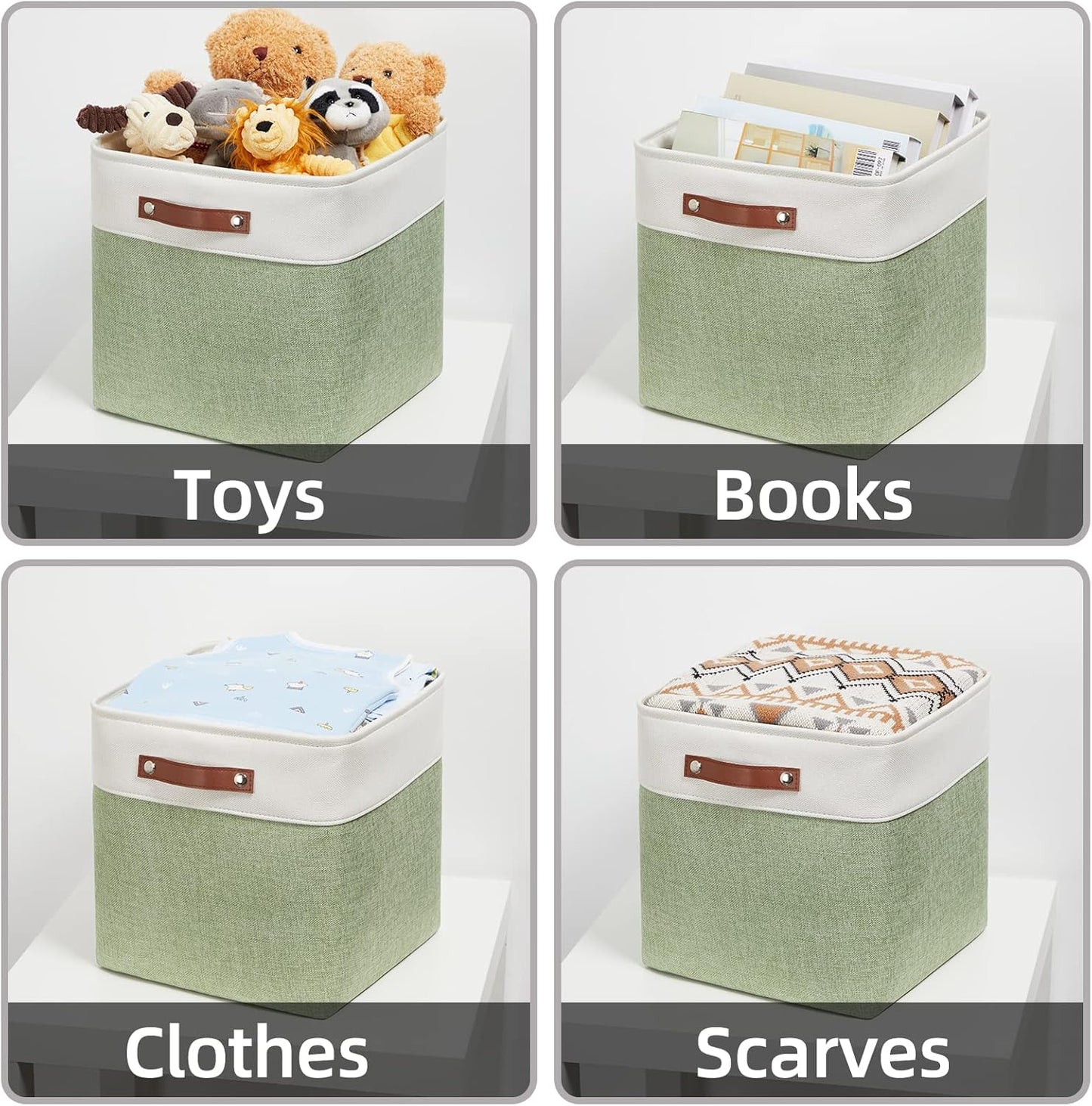 HNZIGE Foldable Storage Cubes & Baskets (3 Pack) - 13 Inch Storage Bin with Leather Handles for Toys, Clothes, Kids (White & Green)