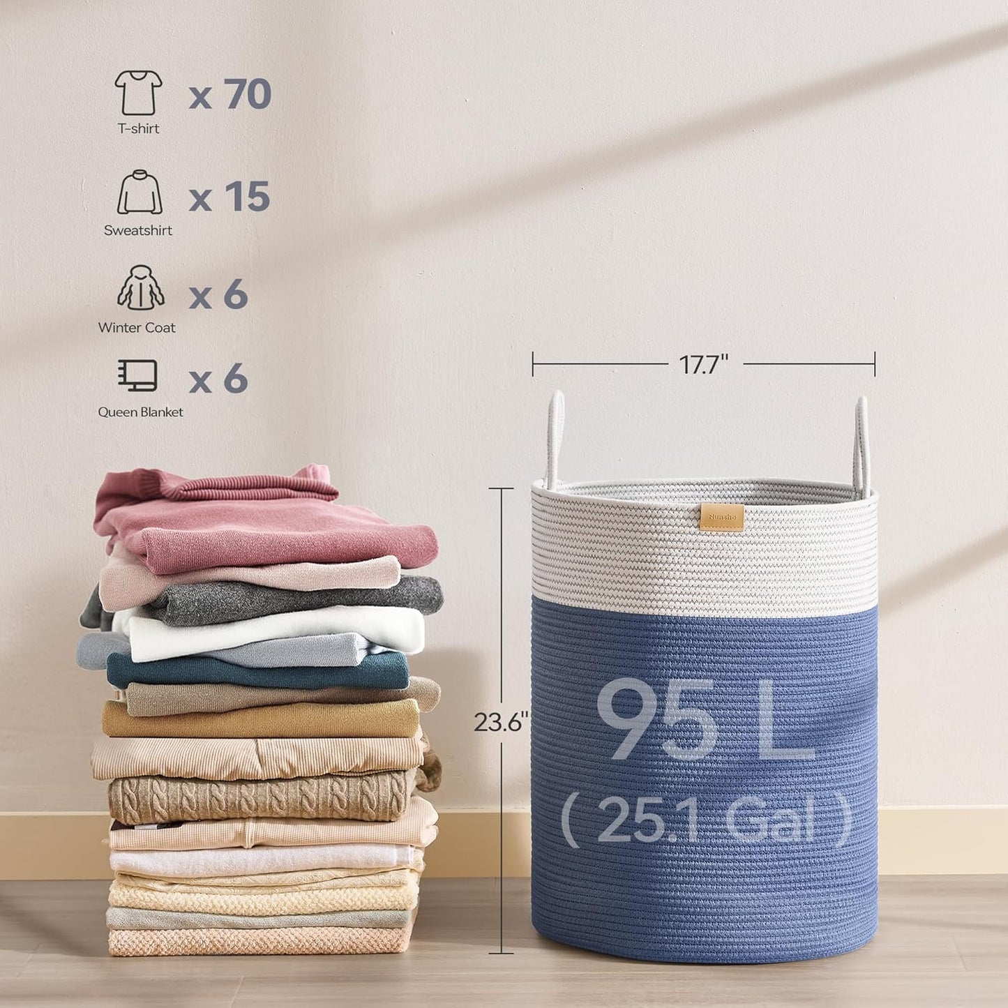 Laundry Hamper 95L,Large Laundry Basket for Clothes,Decorative Storage Basket for Blankets,Cotton Rope Woven basket for bedroom,Navy Blue