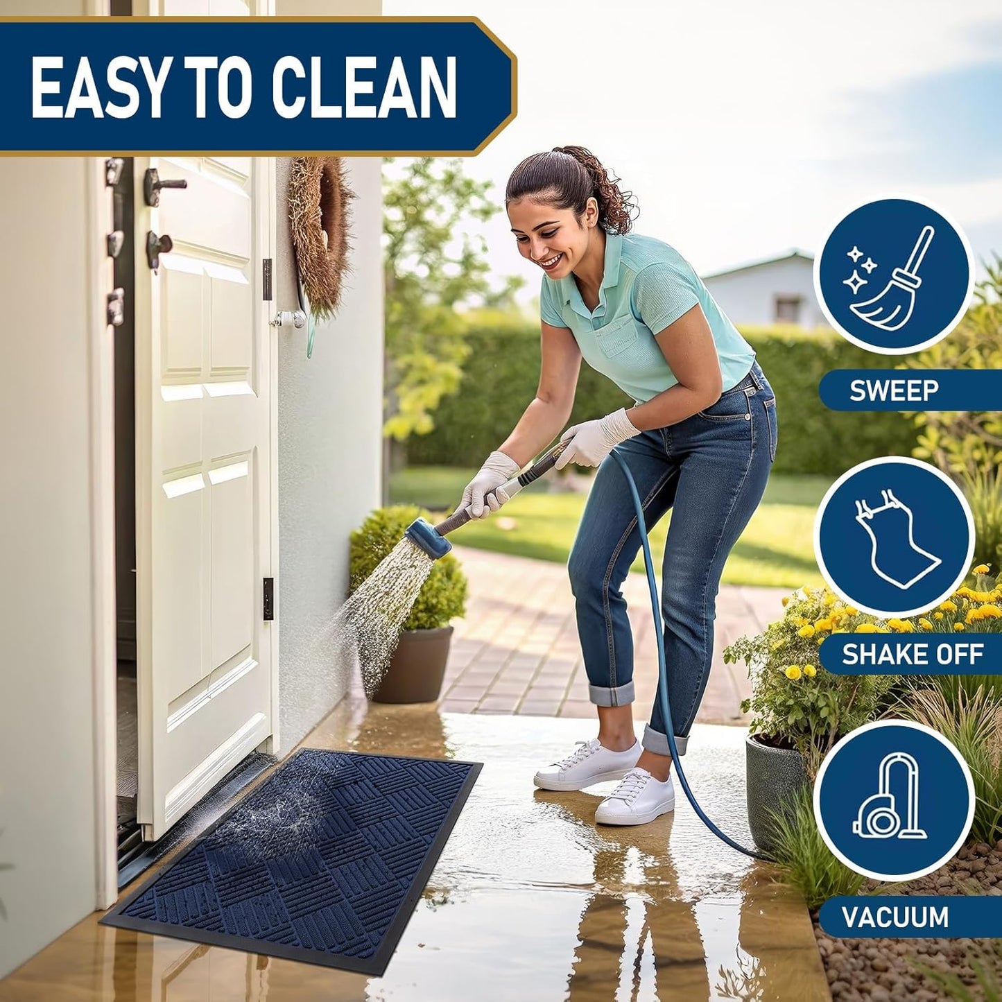 Smiry Front Door Mat Outside Entrance, Heavy Duty Outdoor Indoor Natural Rubber Doormat, Non Slip, Trap Dirt and Moisture, Easy Clean, Low Profile Patio Porch Entryway Mat, 35x23, Navy Blue