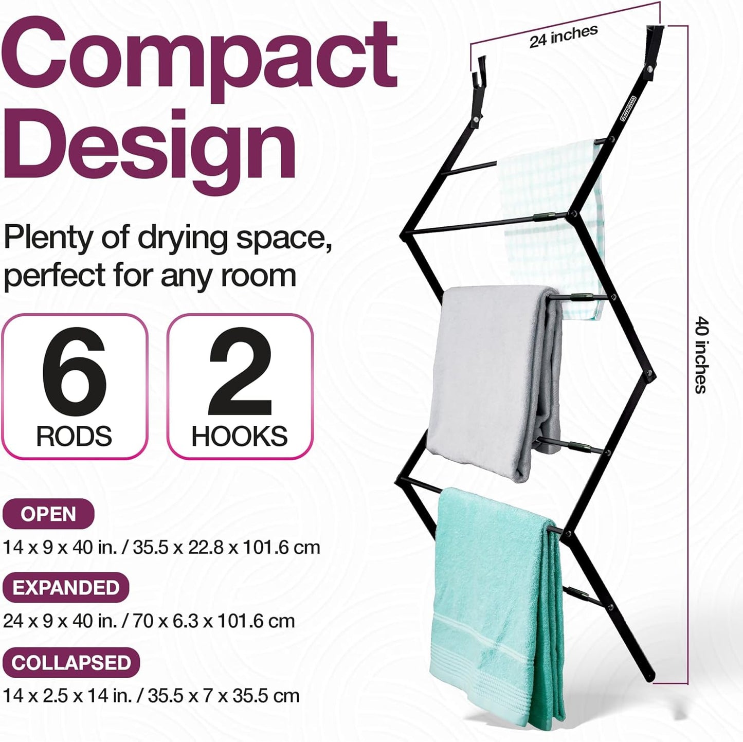 BLACK+DECKER Over The Door Expandable Telescopic Drying Rack, Clothes Organizer, Towel Hanger, Laundry, Collapsible, Black