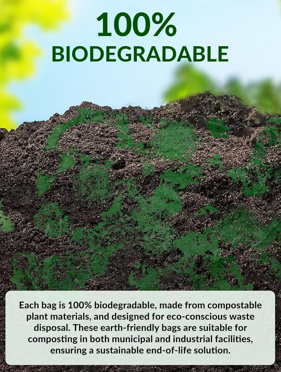 100 Count 100% Biodegradable and Compostable Trash Bags, 40-45 Gallon, 20 Microns, 38x46 Inches, Green Eco-Friendly