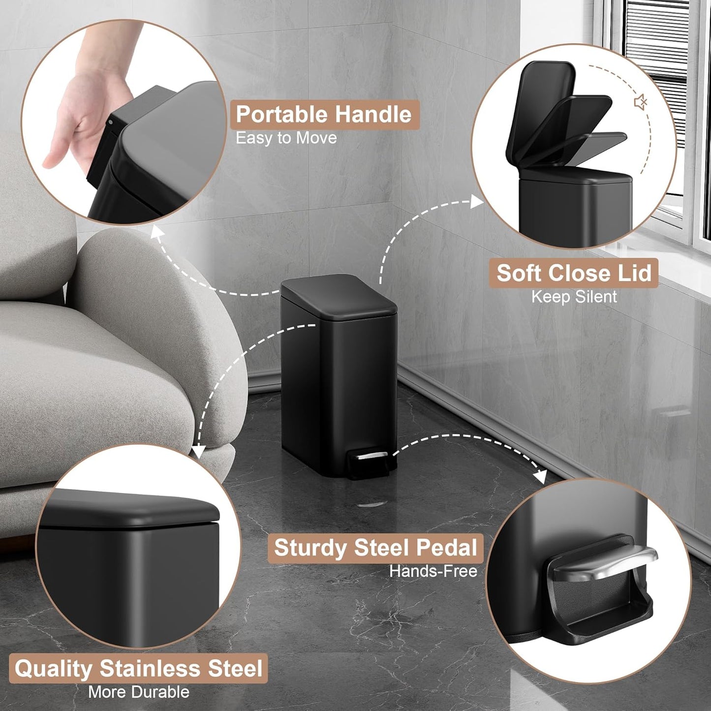 Small Trash Can with Lid Soft-Close, 6 L/1.6 Gal Bathroom Garbage Can with Removable Inner Bucket, Step Pedal, Stainless Steel Wastebasket for Kitchen, Bathroom, Bedroom, Office, Matt Black