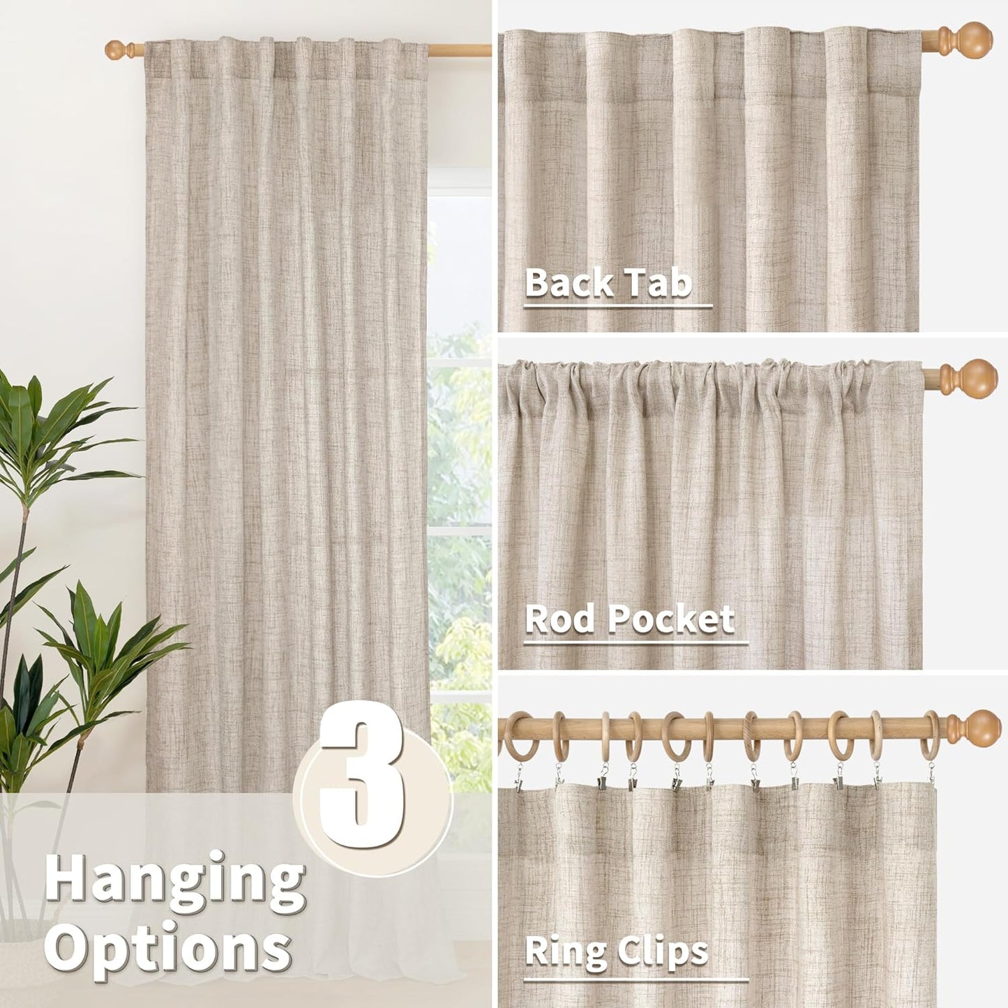 YoungsTex Rod Pocket Linen Curtains for Bedroom 38 X 63 Inches - Light Filtering Drapes with Back Tab for Living Room/Office/Farmhouse/Country Decorative, 2 Panels