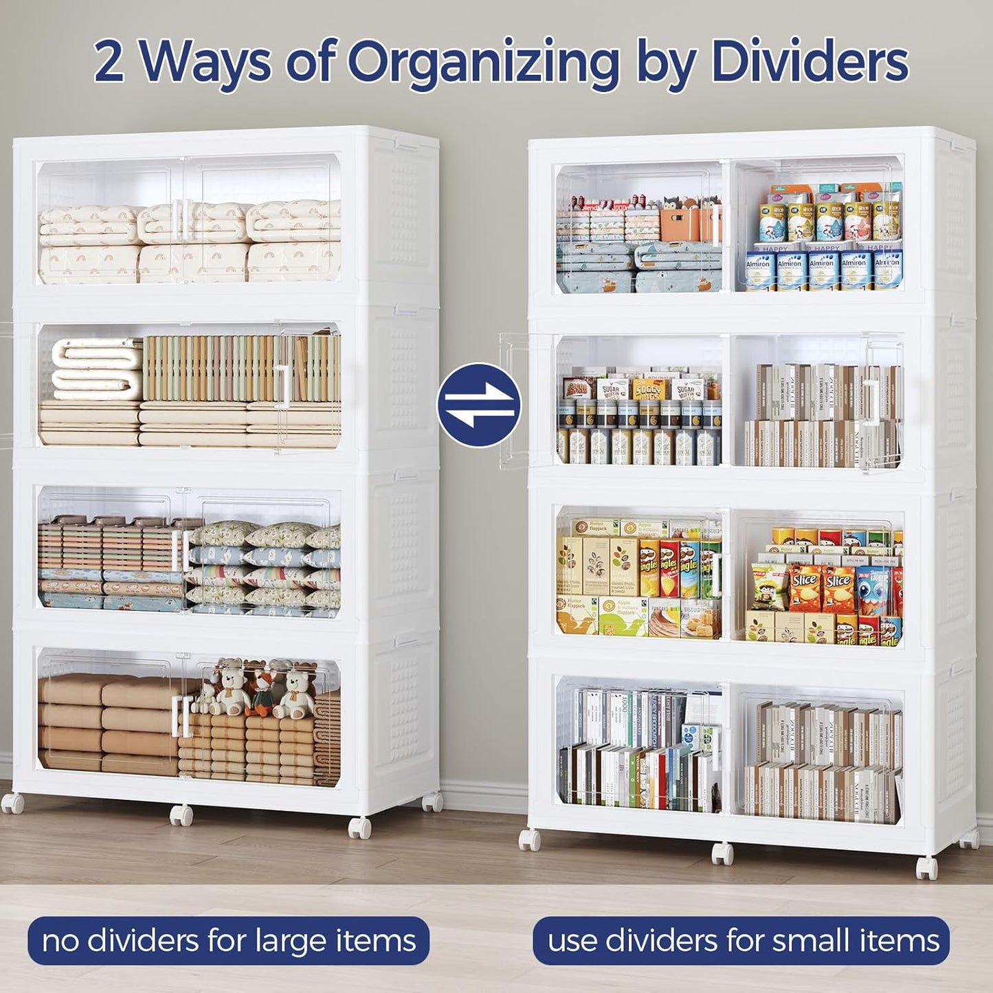 200GAL Storage Bins with Lid and Wheels, Stackable Closet Organizers and Storage Drawer, Collapsible Storage Box with Dividers, Foldable Plastic Cabinets Cubes Totes for Garage, 5 Pack White