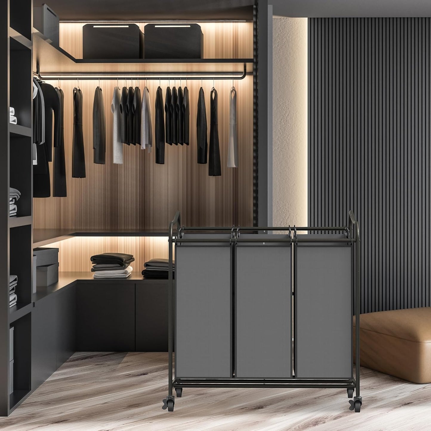 Simple Houseware Heavy Duty 3-Bag Laundry Sorter Rolling Cart, Dark Grey – Durable Triple Laundry Hamper with Removable Bags and Lockable Wheels for Efficient Laundry Organization