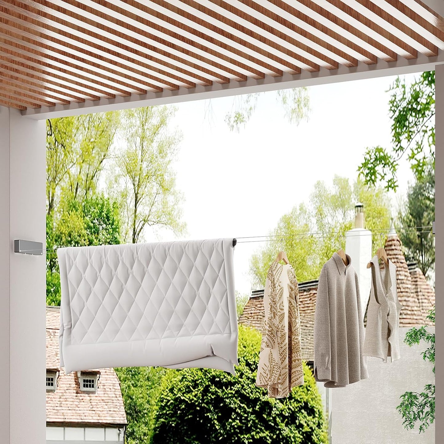 Retractable Clothesline Indoor, Non-Sagging Clothes line retracting Outdoor, Heavy Duty Wall Mounted Laundry Line Adjustable Stainless Steel for Laundryroom, Bathroom, 15.8 Feets Double Lines Grey