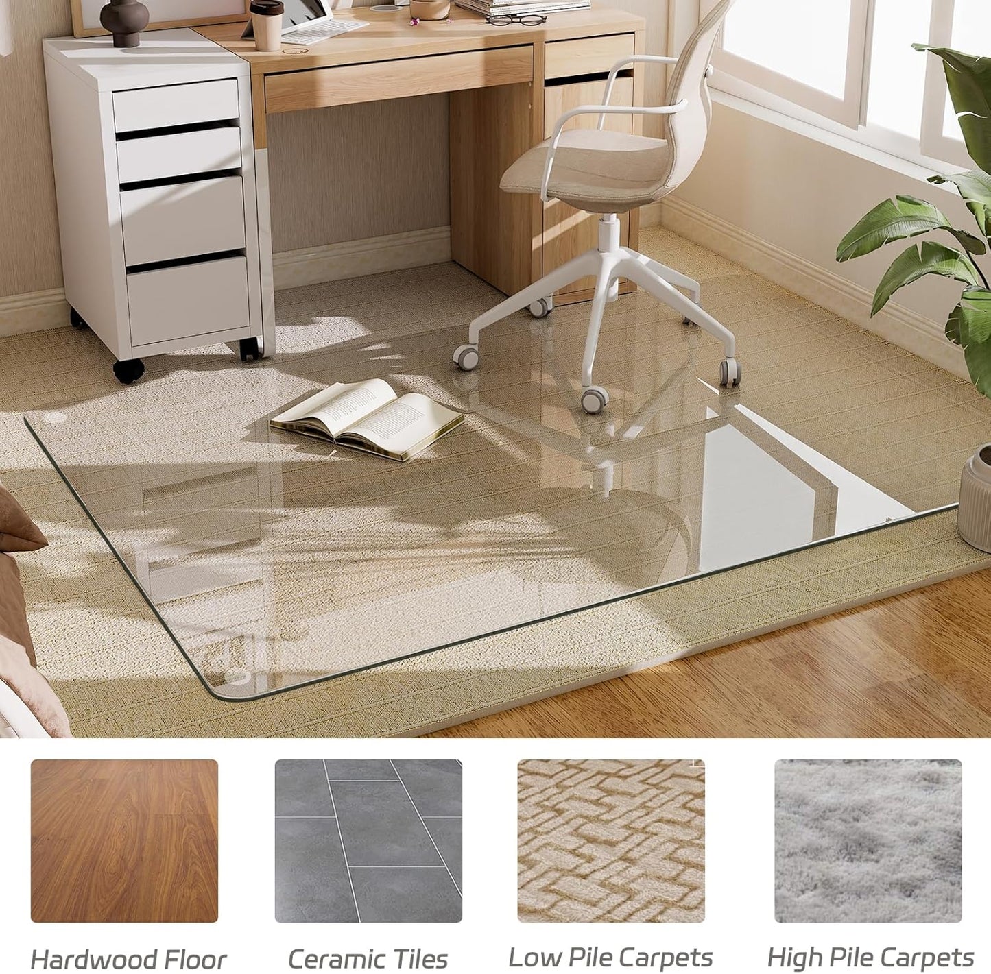 GLSLAND 36"x55" Tempered Glass Chair Mat Rectangle Heavy-Duty Floor Protector for Carpet & Hard Floors Scratch-Resistant Office Computer Desk Mat 1/5" Clear