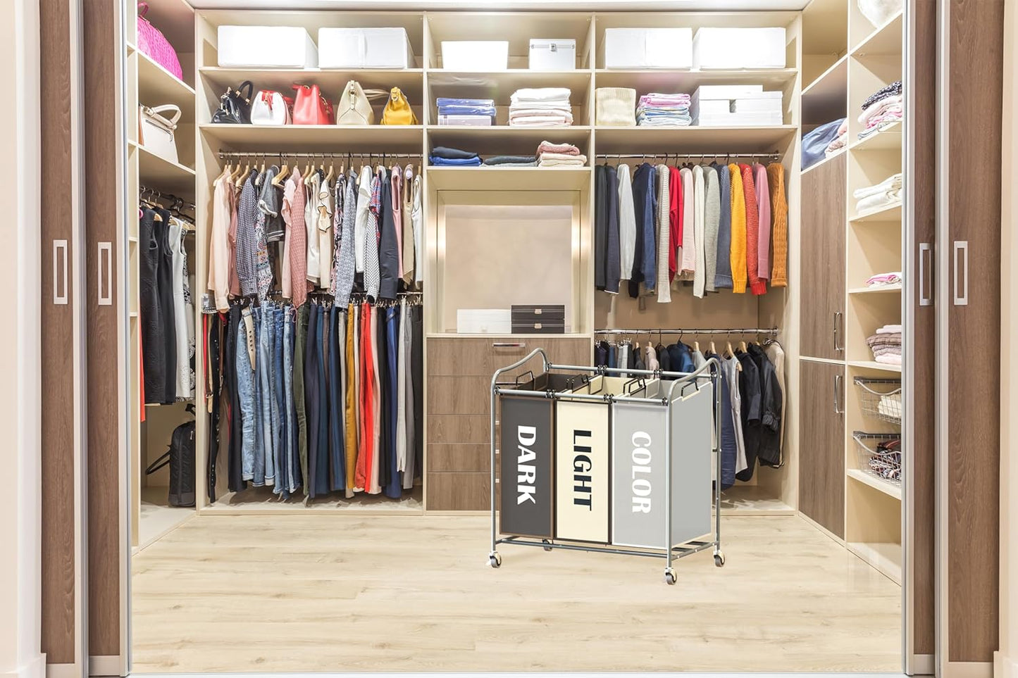 Simple Houseware Heavy Duty 3-Bag Laundry Sorter Rolling Cart, Silver/Assorted – Durable Triple Laundry Hamper with Removable Bags and Lockable Wheels for Laundry Room Organization