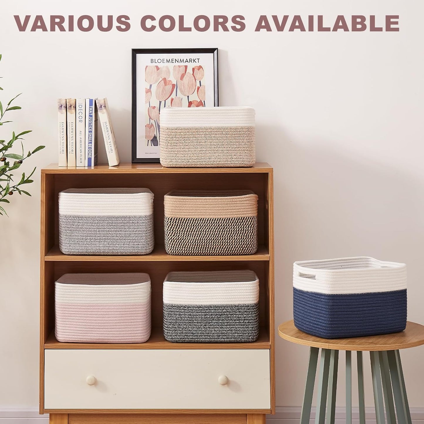 OIAHOMY 4 Pack Storage Baskets for Organizing, Basket for Shelves with Handle, Woven Baskets for Storage Toys, Towels, Books, Cotton Rope Basket 13" L x 9 " W x 7.8 " H, Brown & Black