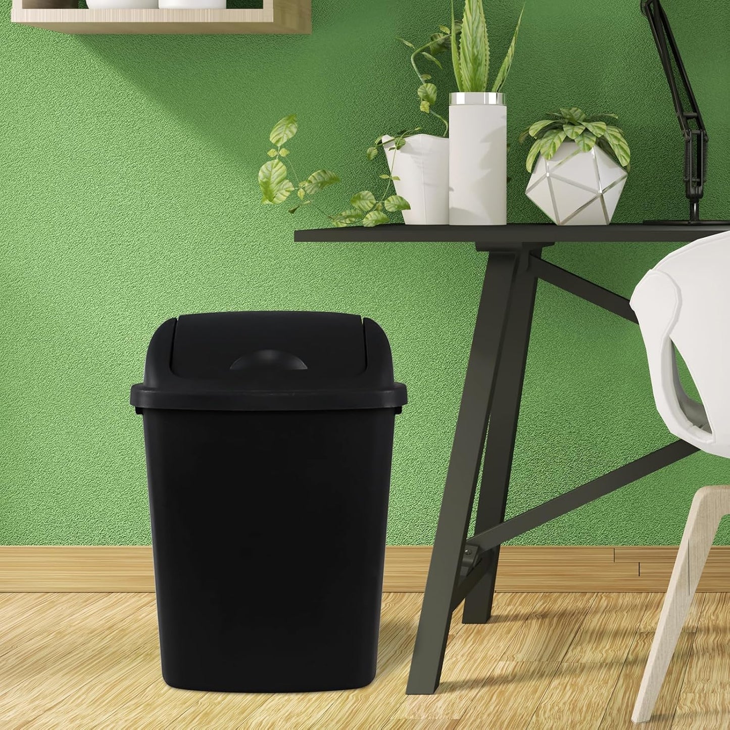 Teyyvn 6 Gallon Plastic Flip Lid Trash Can for Kitchen, Black Plastic Garbage Bin with Swing Lid, Pack of 4