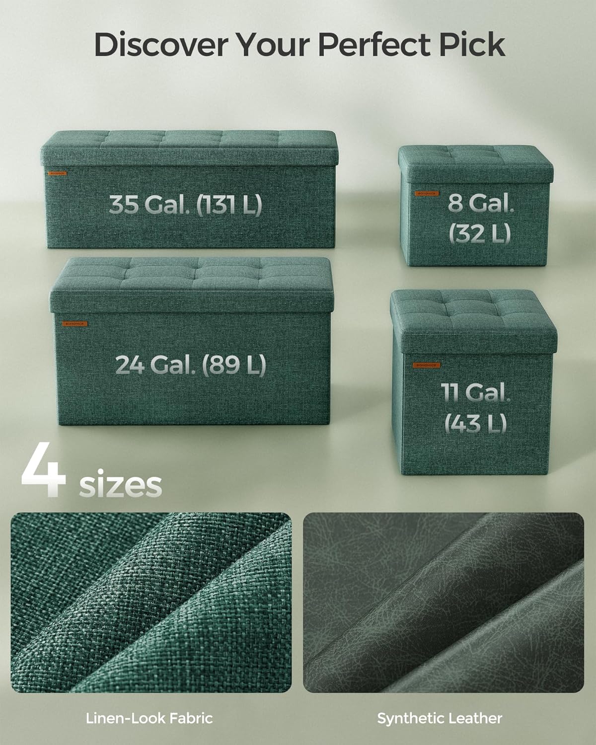 SONGMICS MAZIE Collection - 43 Inches Folding Storage Ottoman Bench, Ottoman Foot Rest, End of Bed Bench, Storage Chest, Load 660 lb, for Living Room, Bedroom, Entryway, Retro Green ULSF077C01