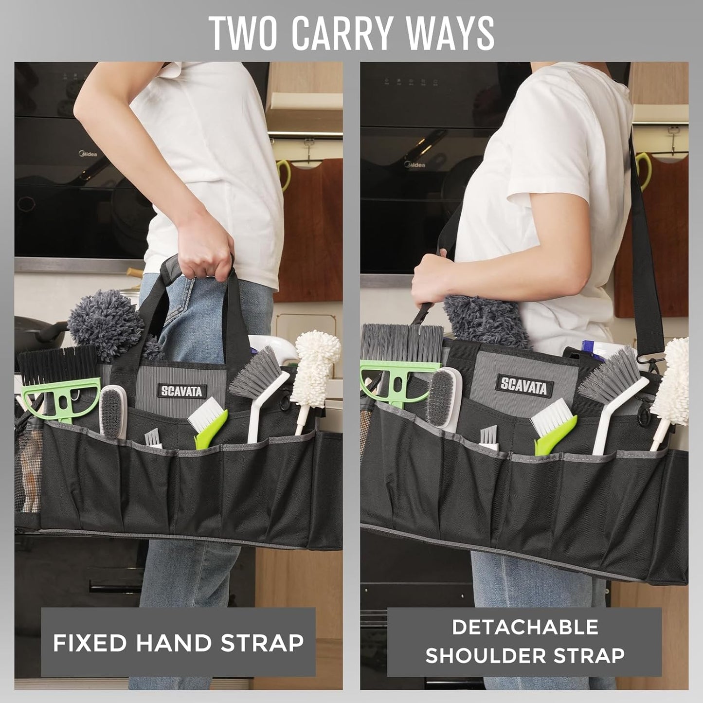 Wearable Cleaning Caddy Bag, Cleaning Caddy Supplies Organizer with Handle & Shoulder Straps for Housekeepers, Under Sink & Car Cleaning Tool Organizers with 4 Foldable Divider (DarkGrey)