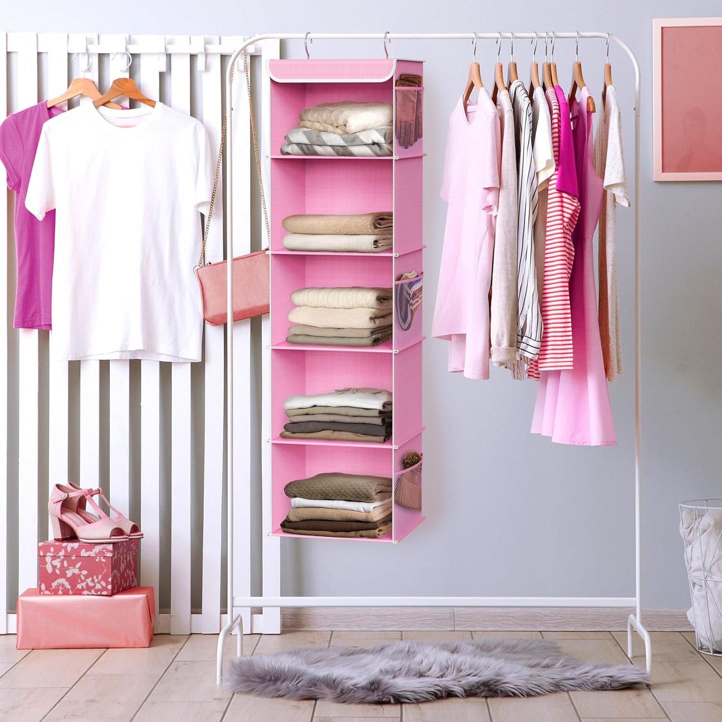 Simple Houseware 5 Shelf Hanging Closet Organizer, Pink