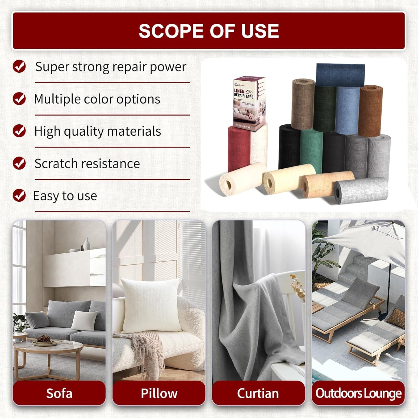 Linen Repair Tape 16x90 inch, Self Adhesive Fabric Patches, Linen Patch Tape Kit, Fabric Repair Tape for Couch Sofas, Headboards, Chairs, Pillows, Curtains, Couches - Navy Blue