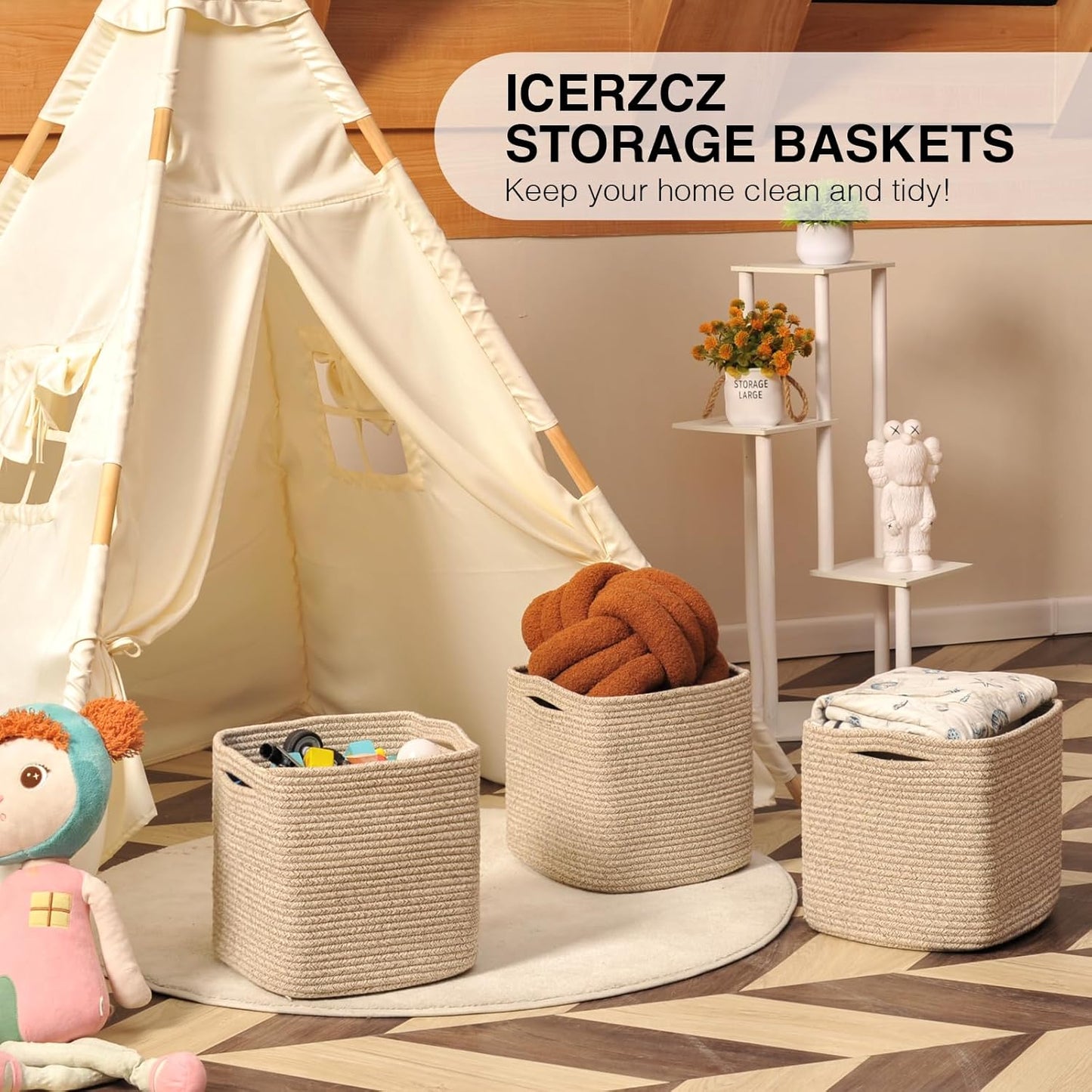 11 Inch Cube Storage Bins, Storage Cube Organizer Bins, Woven Cotton Rope Baskets for Storage, Storage Basket for Organizing Shelves, Square Baskets for Toys Nursery, Brown (Pack of 3)