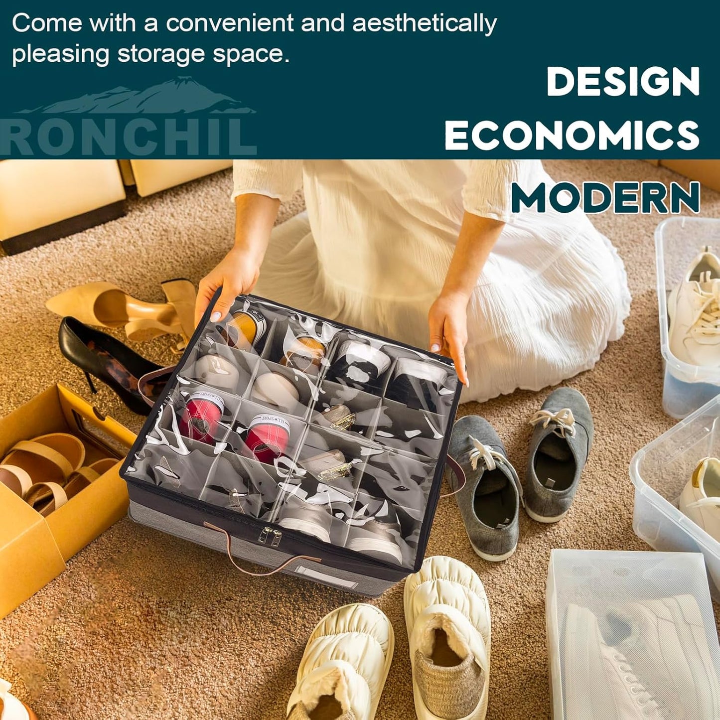 Shoe Organizer for Closet, Foldable Shoe Storage Bins with Clear Cover, Space Saving Shoes Holder with 4 Handles, Large Adjustable Shoe Box Storage Containers, Fits 8-16 Pairs, 1 Pack, Black