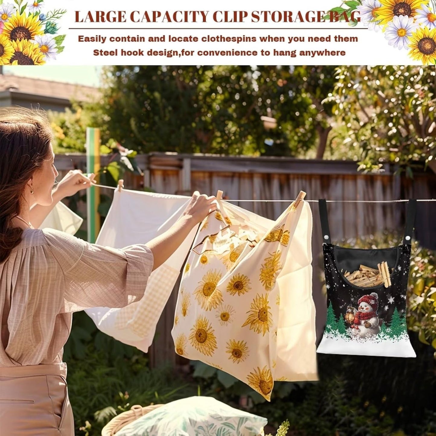 Snowman Clothes Pin Hanging Bag, Large Capacity Clothespin Bag with A Large Opening,Clothes Pin Hanging Bag Space-Saving Organize Clothespin Bag for Clothesline Outdoor