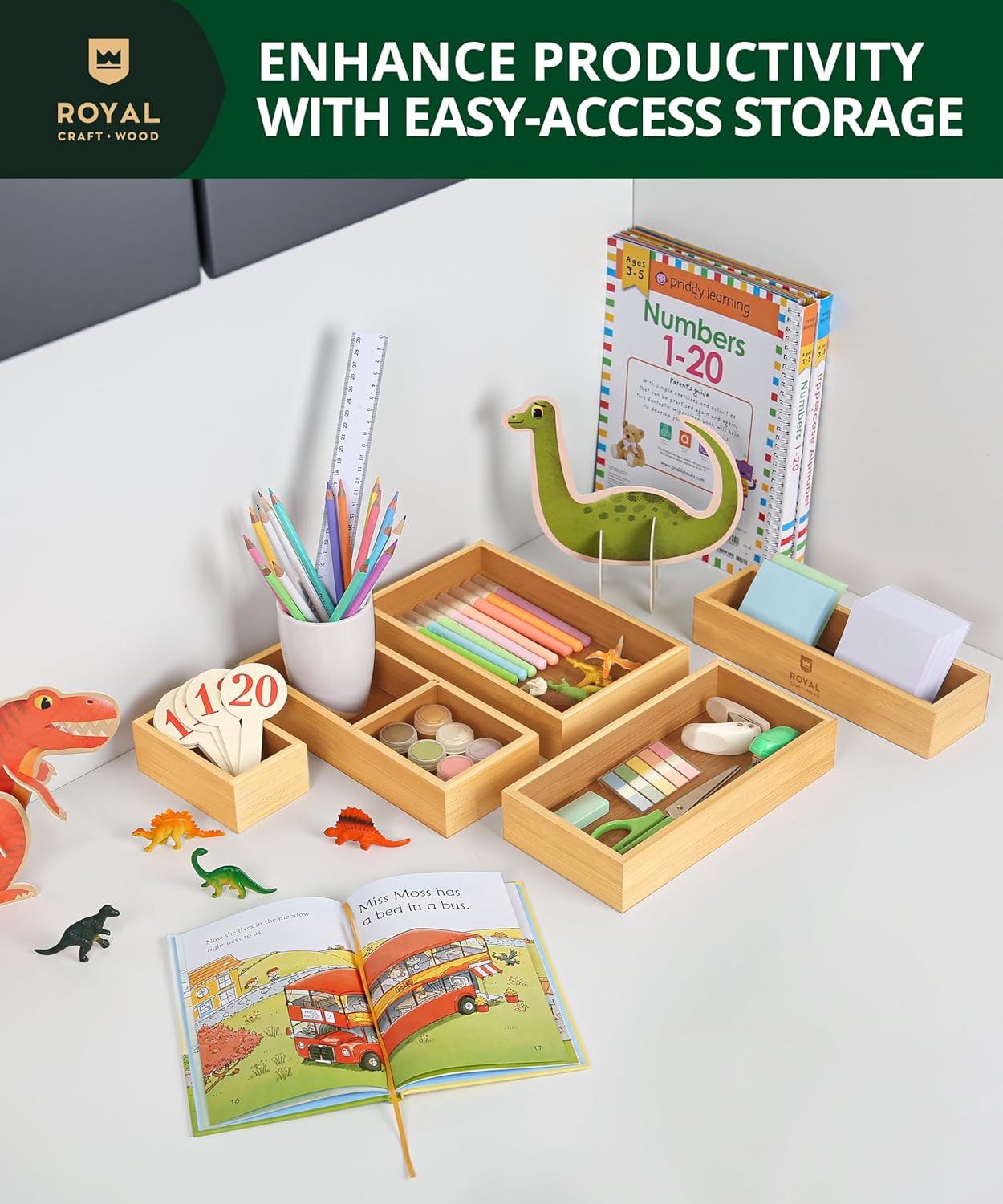 ROYAL CRAFT WOOD 5-Piece Bamboo Drawer Organizer Set โ Multi-Use Storage Trays for Kitchen, Bathroom, Office, Makeup, Jewelry & More โ Junk Drawer Tray, Utensil Holder, Storage Box & Bin Set (5 Boxes)