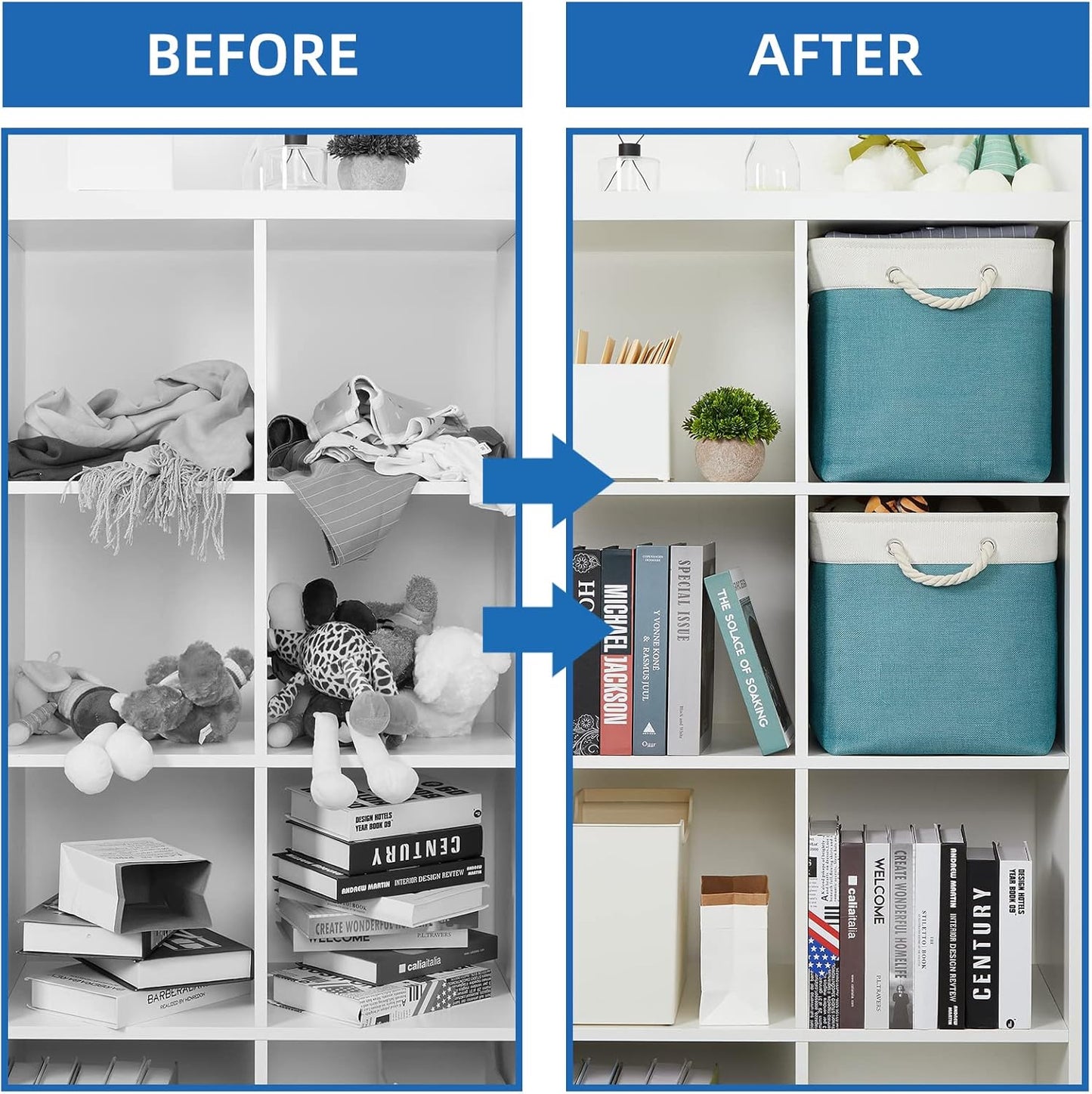 Temary Fabric Baskets Storage Baskets for Organizing 2 Pcs Decorative Baskets for Gifts Empty Collapsible Storage Bins for Home Closet(White&Teal,16Lx12Wx12H Inches)