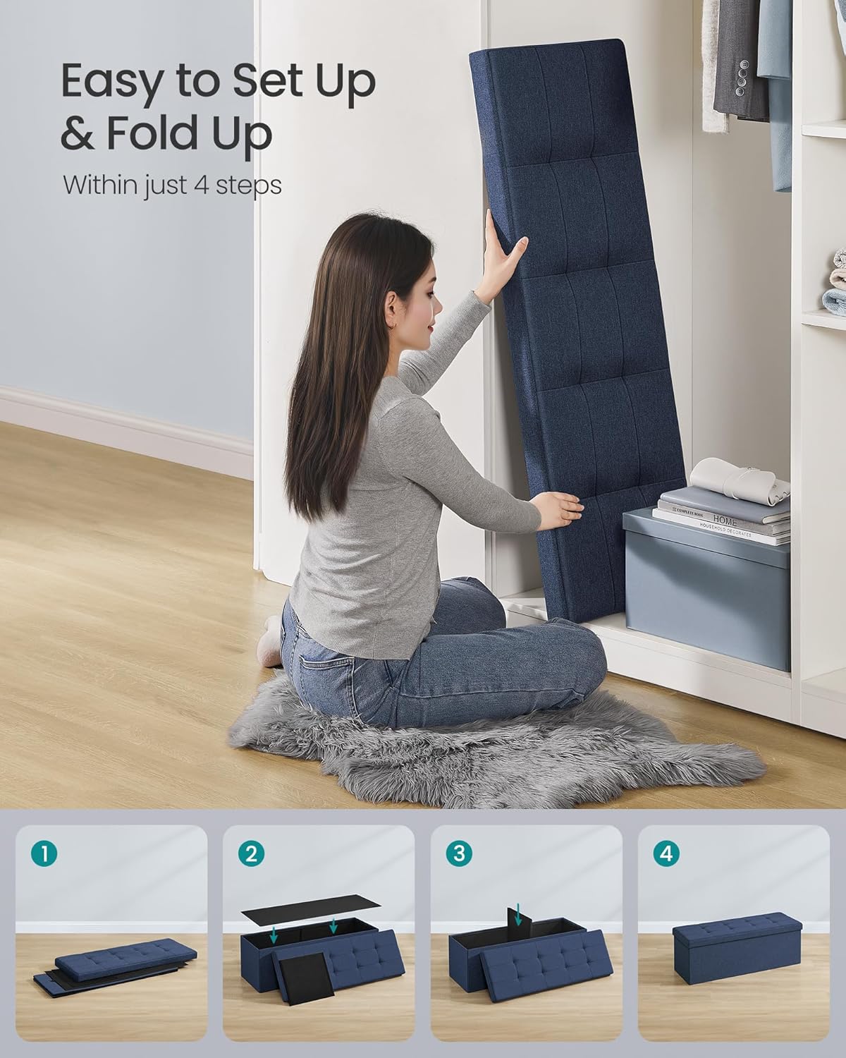 SONGMICS MAZIE Collection - 43 Inches Folding Storage Ottoman Bench, Ottoman Foot Rest, End of Bed Bench, Storage Chest, Load 660 lb, for Living Room, Bedroom, Entryway, Midnight Blue ULSF77IN