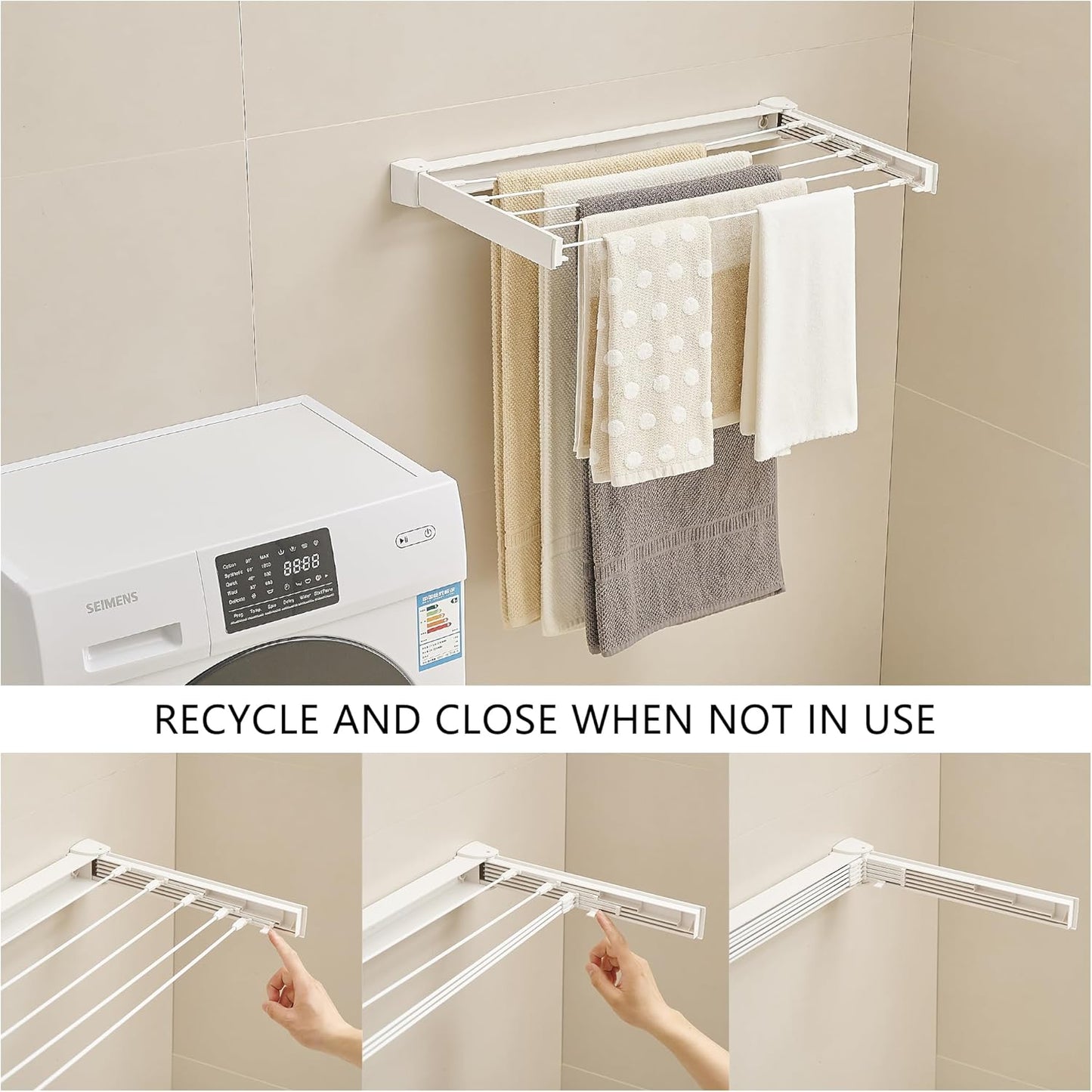 JOOM Laundry Drying Rack Collapsible, Wall Mounted Drying Rack, Clothes Drying Rack, Retractable Drying Racks, 27.5" Wide, 5 Aluminum Rods, 60 lb Capacity (White 27.5")