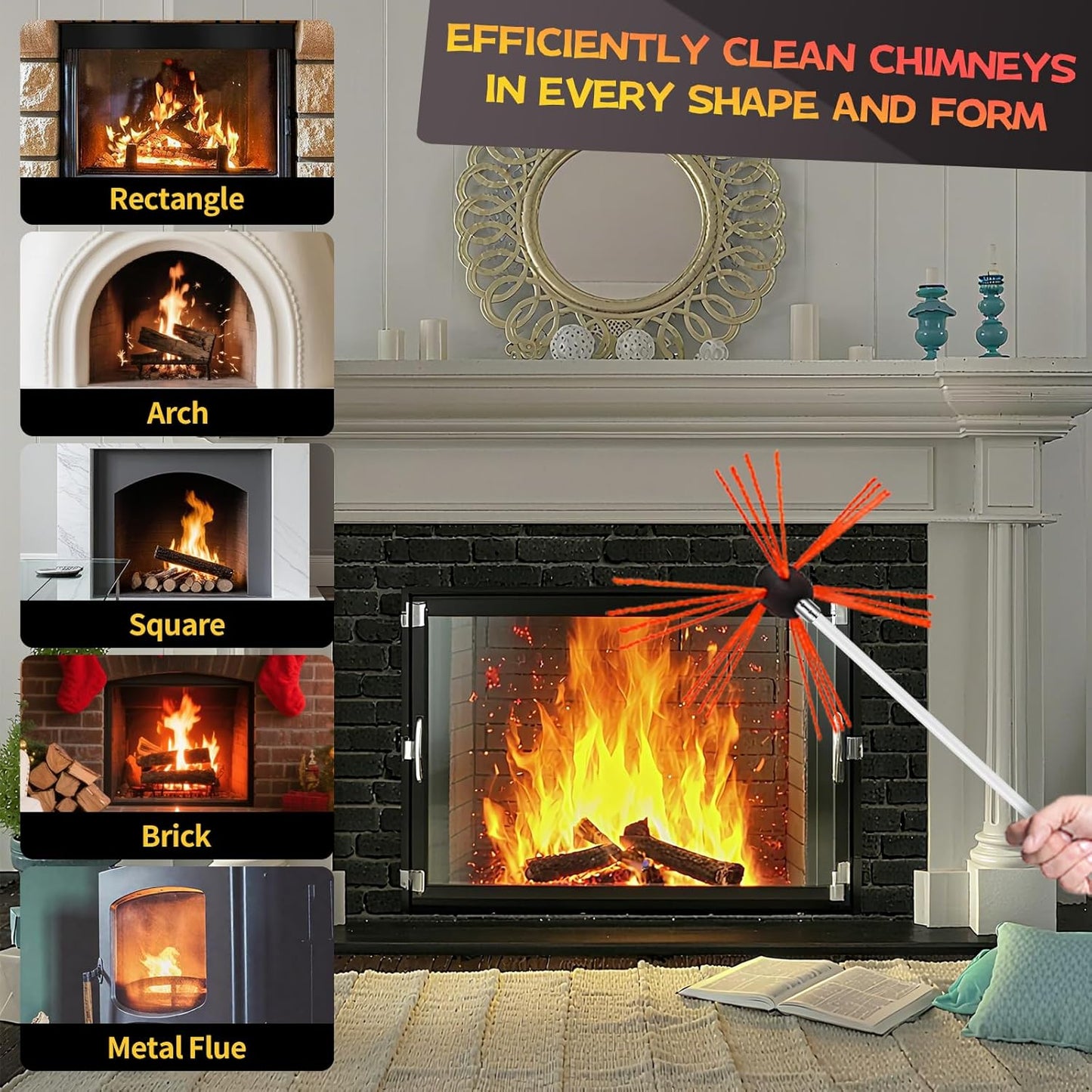 Chimney Sweep Kit - 33 Feet, 10 Flexible Rods, Brush & Drill-Driven Rotary System