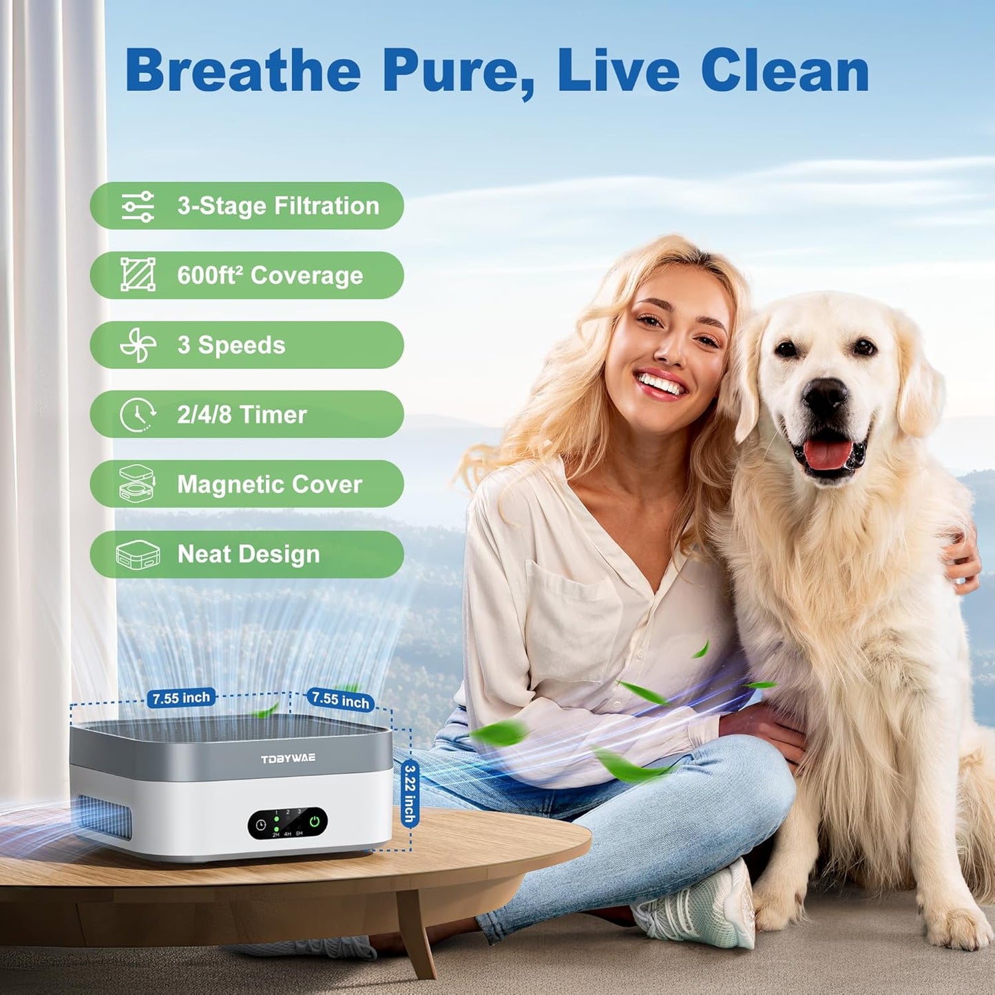 Air Purifier for Home – True HEPA Filter for Pets, Smoke & Allergies | 600 Sq Ft Coverage | Ultra-Quiet & Portable for Bedroom/Travel