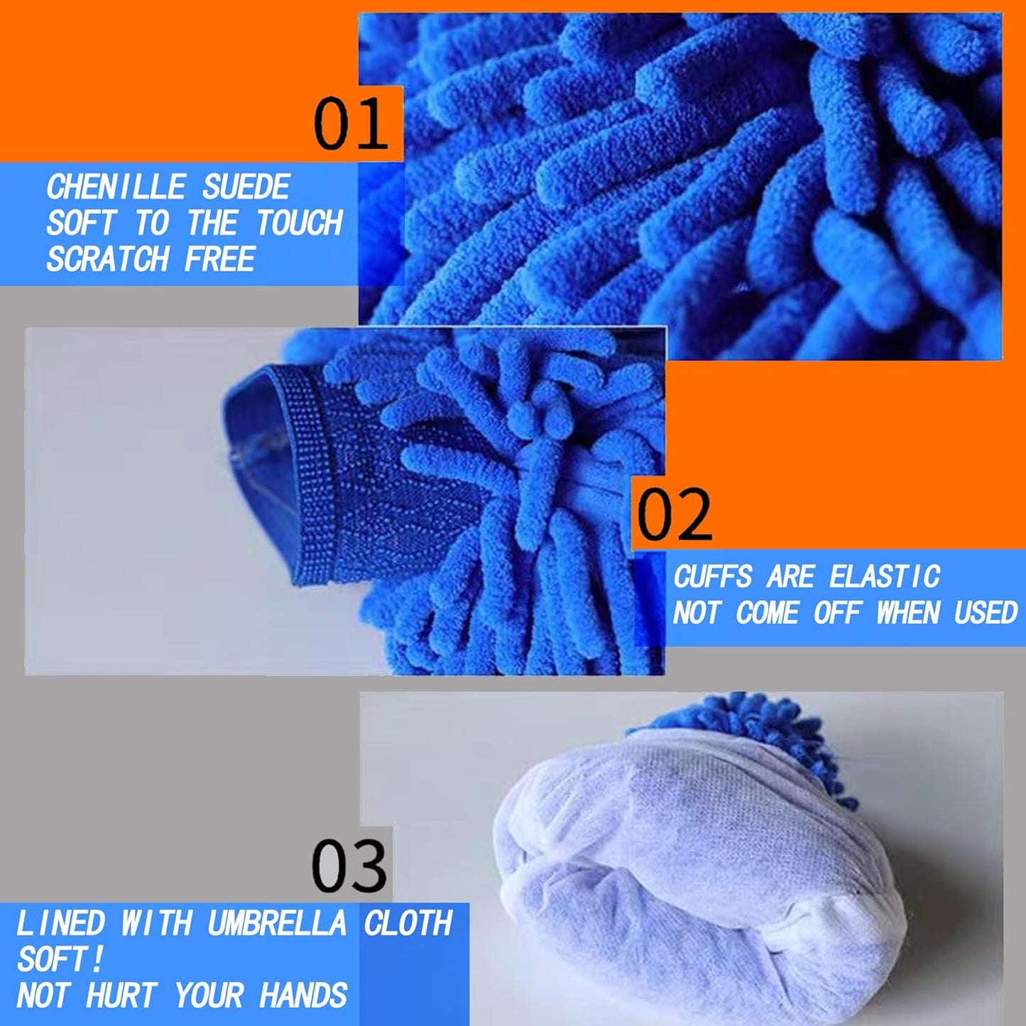 Raeyuan Car Wash Mitt Microfiber 3 Pack Scratch Proof & Lint-Free Wash Mitt for Cars, SUVs, Trucks - Large 9.06"x5.91", Orange,Green & Blue (All-Purpose Car Cleaning) (1, Orange,Blue,Green, Large)