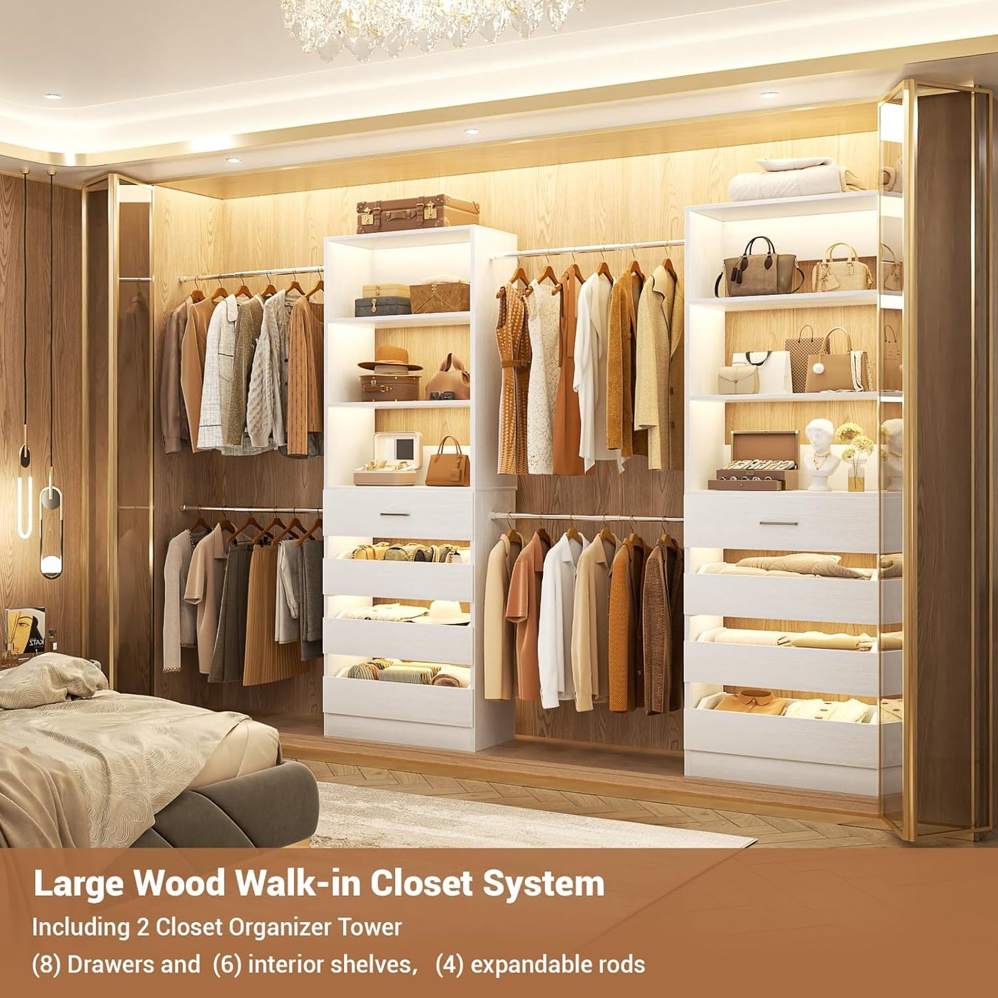 Aheaplus Closet System, 6-15Ft Closet Organizer with 8 Wooden Drawers, Wood Closet Organizer System with Tower, Walk-in Closet Organizer Wardrobe Clothes Rack with 4 Hanging Rods, Garment Rack, White