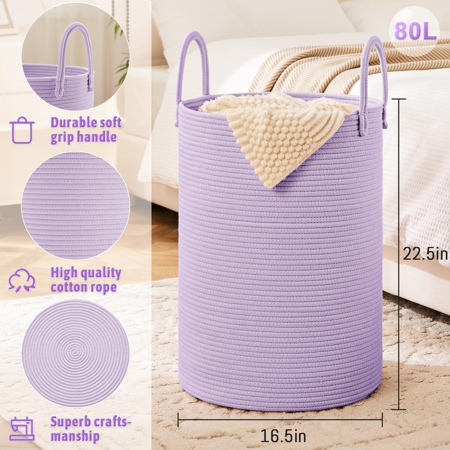 Laundry Basket,Woven Cotton Rope Laundry Hamper,80L for Decorative Storage of Dirty Clothes,Toys and Blankets in Bathroom,Baby Room and Living Room