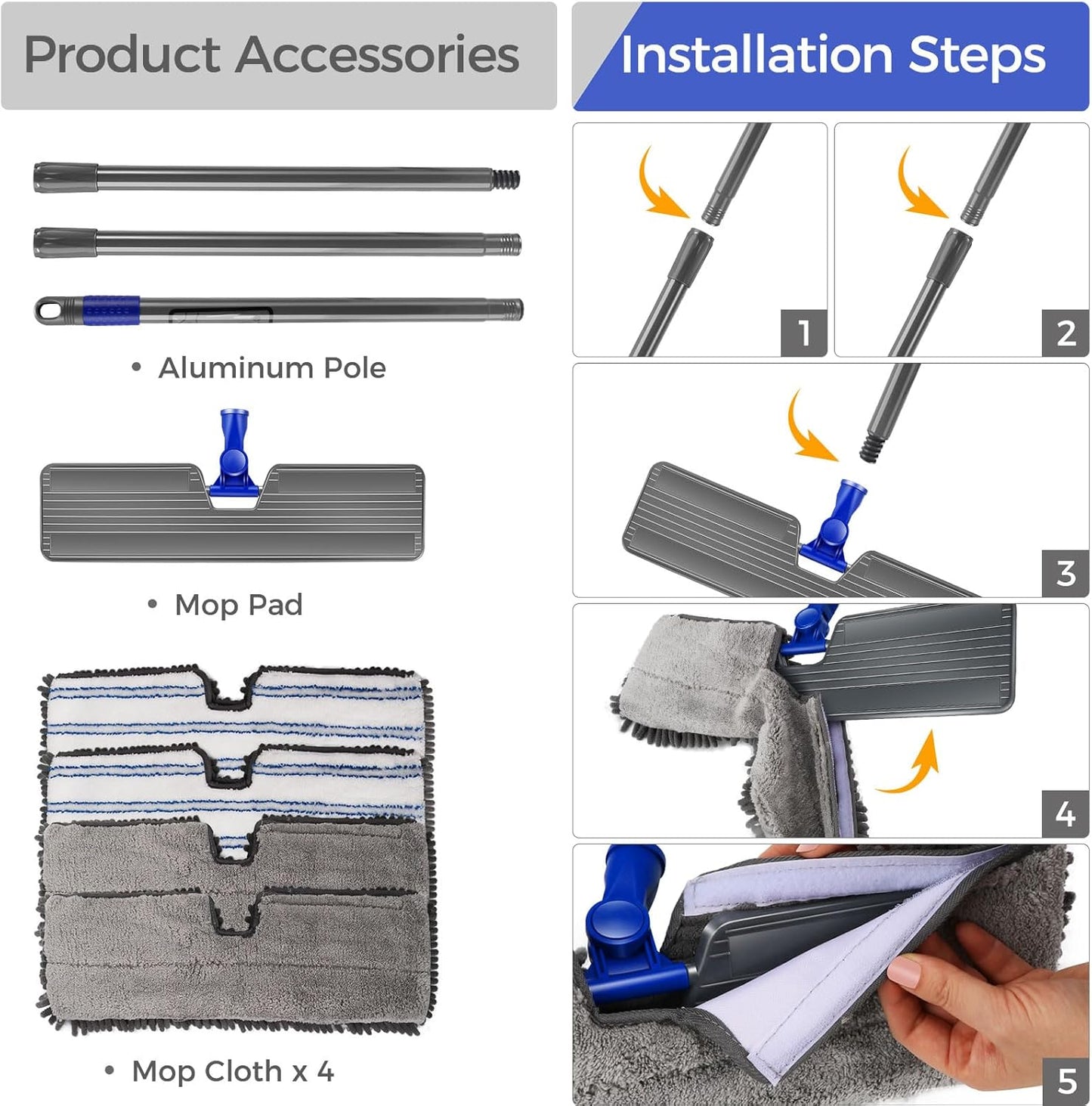 MASTERTOP Microfiber Dust Mop,Double-Sided Flat Mops for Hardwood Floors with 4 Reusable Mop Pads, Floor Mops with Stainless Steel Handle and Extension, Cleaner for Hardwood, Vinyl, Laminate, Tile