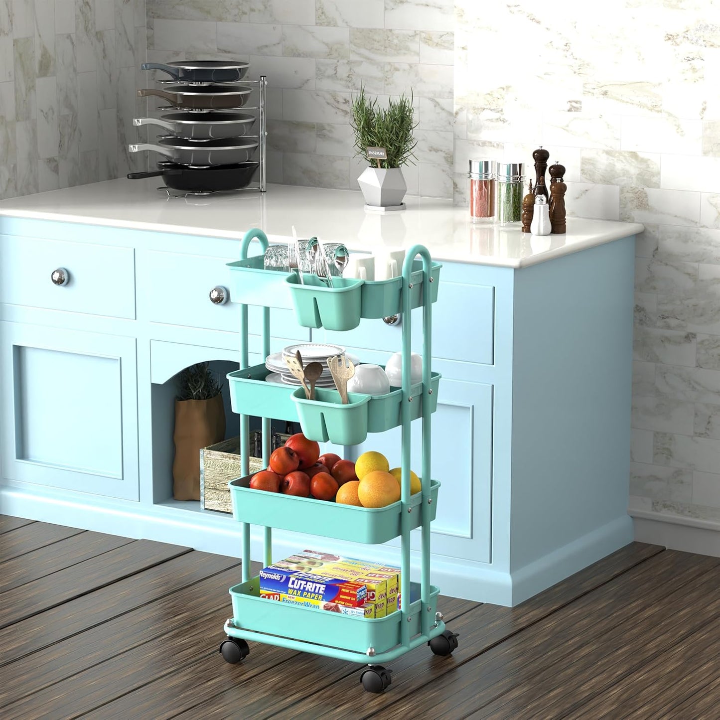 Simple Houseware 4-Tier Multifunctional Rolling Utility Cart with Hanging Buckets, Turquoise