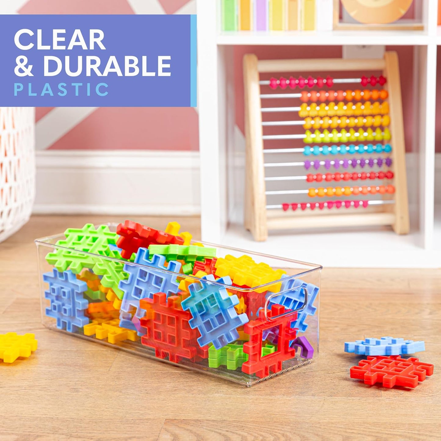 Plastic Food Storage 2 Pack Clear Container Bin with Handles for Organizing Kitchen, Pantry, Refrigerator, Freezer, Pantry, Cabinet, Closet, Bathroom. 16”x6”x5”