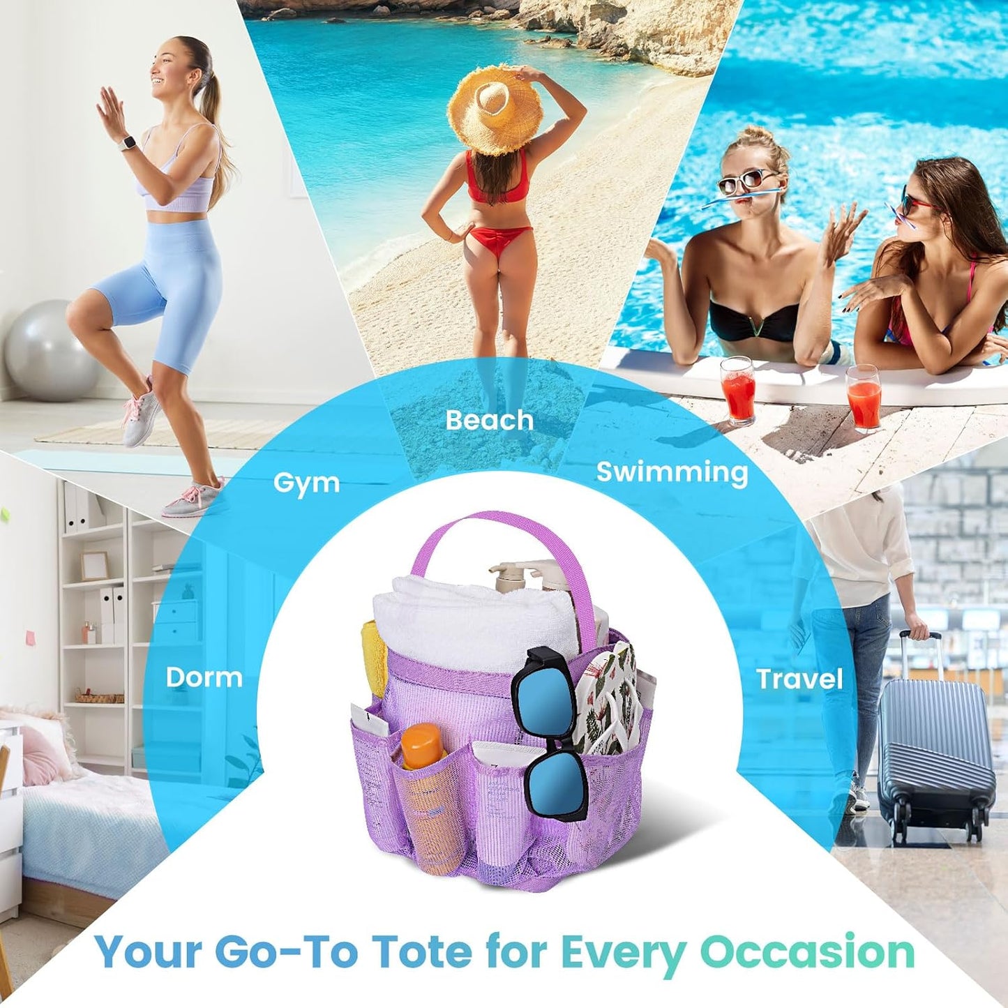 Camping Essentials Shower Caddy Portable for College Dorm Room Essentials for Girls with 9 Pockets,Large-Capacity Shower Caddy Dorm Basket,Quick Dry Shower Bag for Gym,Travel,Swim,Beach-Purple