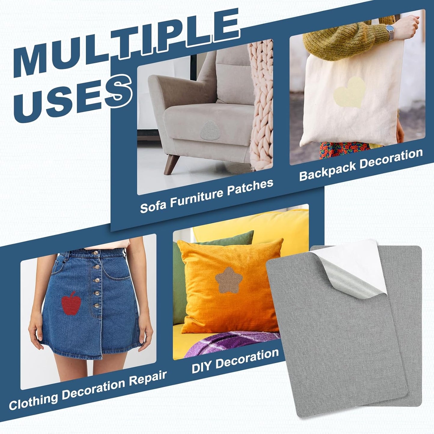 PATIKIL 8x11 Inch Linen Repair Patches, 2Pcs Self-Adhesive Fabric Patch for Sofas Tote Bags Furniture Car Seats Clothes Tents, Light Blue