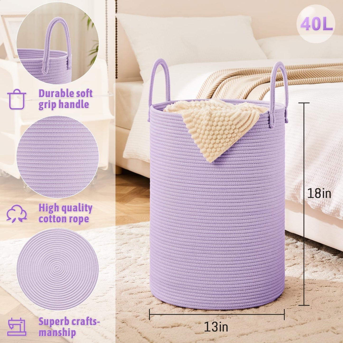 Laundry Basket,Woven Cotton Rope Laundry Hamper,40L for Decorative Storage of Dirty Clothes,Toys and Blankets in Bathroom,Baby Room and Living Room