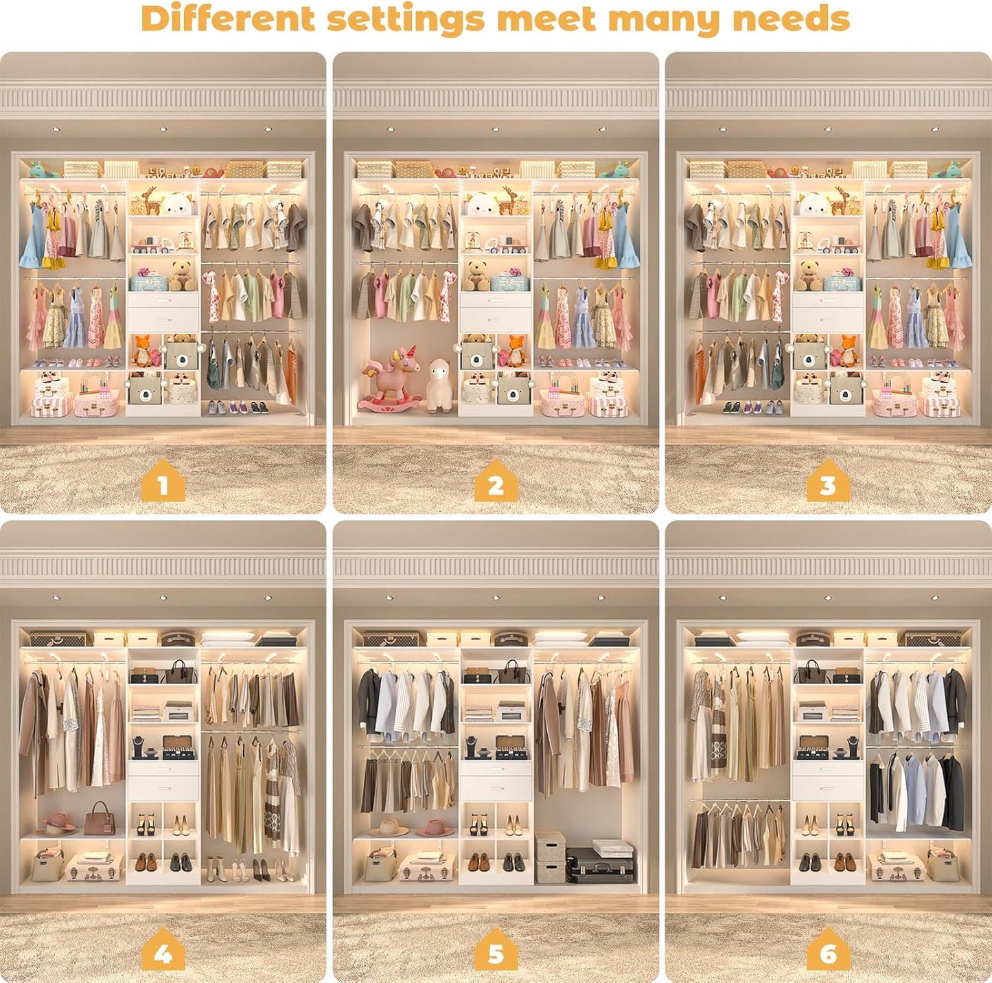 Closet System - 4.75-8FT Closet Organizer System with Wooden Drawers & Cube Storage Organizer, Up To 96" Closet Systems for Nursery & Walk-In Closets with Cuttable Hanging Shelving, White