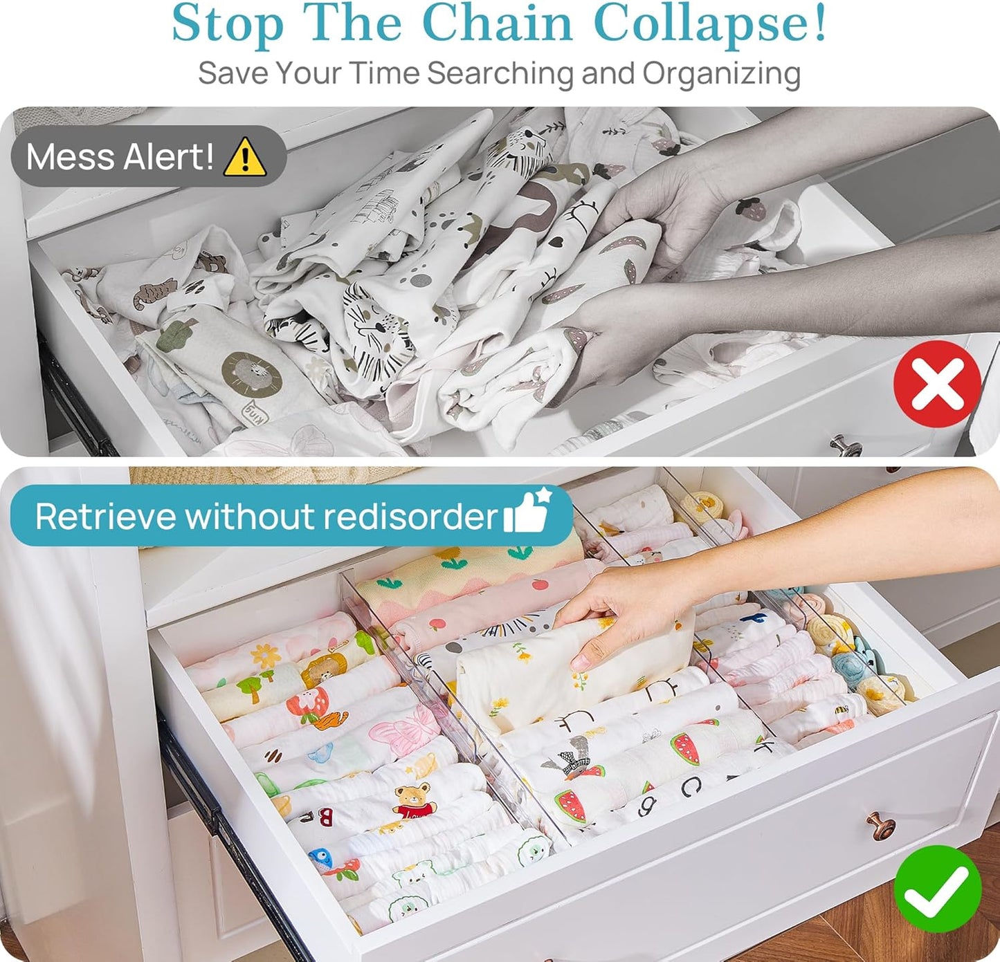 Vtopmart 14 Pack Drawer Dividers for Clothes, 4" High 10.2"-16.6" Adjustable Expandable Dresser Drawer Organizer, Clear Plastic Separators for Dresser, Baby Clothing, Underwear, Cosmetic, Toiletries