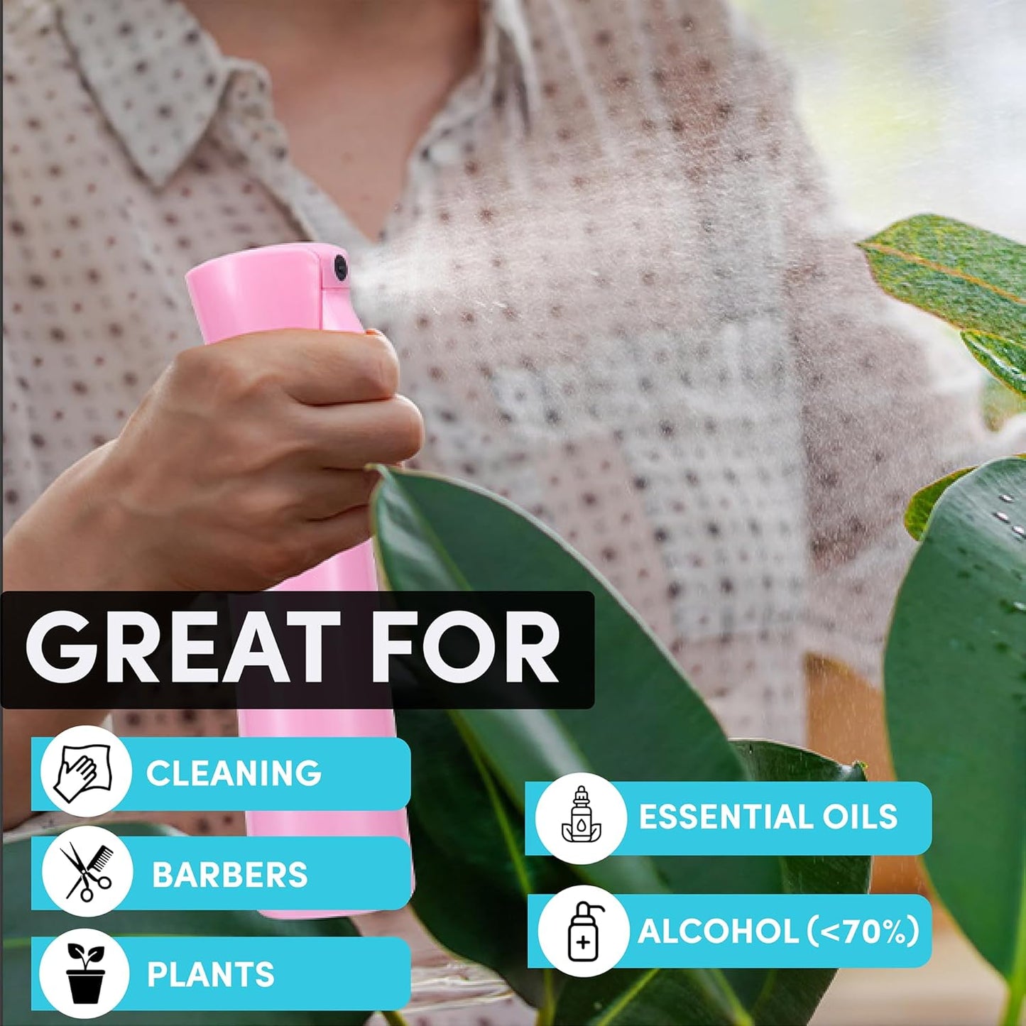 Hula Home Continuous Spray Bottle for Hair (10.1oz/300ml) Empty Ultra Fine Plastic Water Mist Sprayer – For Hairstyling, Cleaning, Salons, Plants, Essential Oil Scents & More - Pink