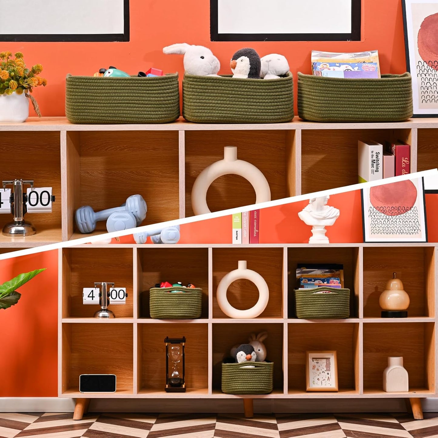 Small Green Storage Baskets for Organizing Shelves, Cute Woven Baskets for Storage, Organizer Basket for Decor, Gift Basket, 13"×8.5"×5.1" (3 Packs) Green