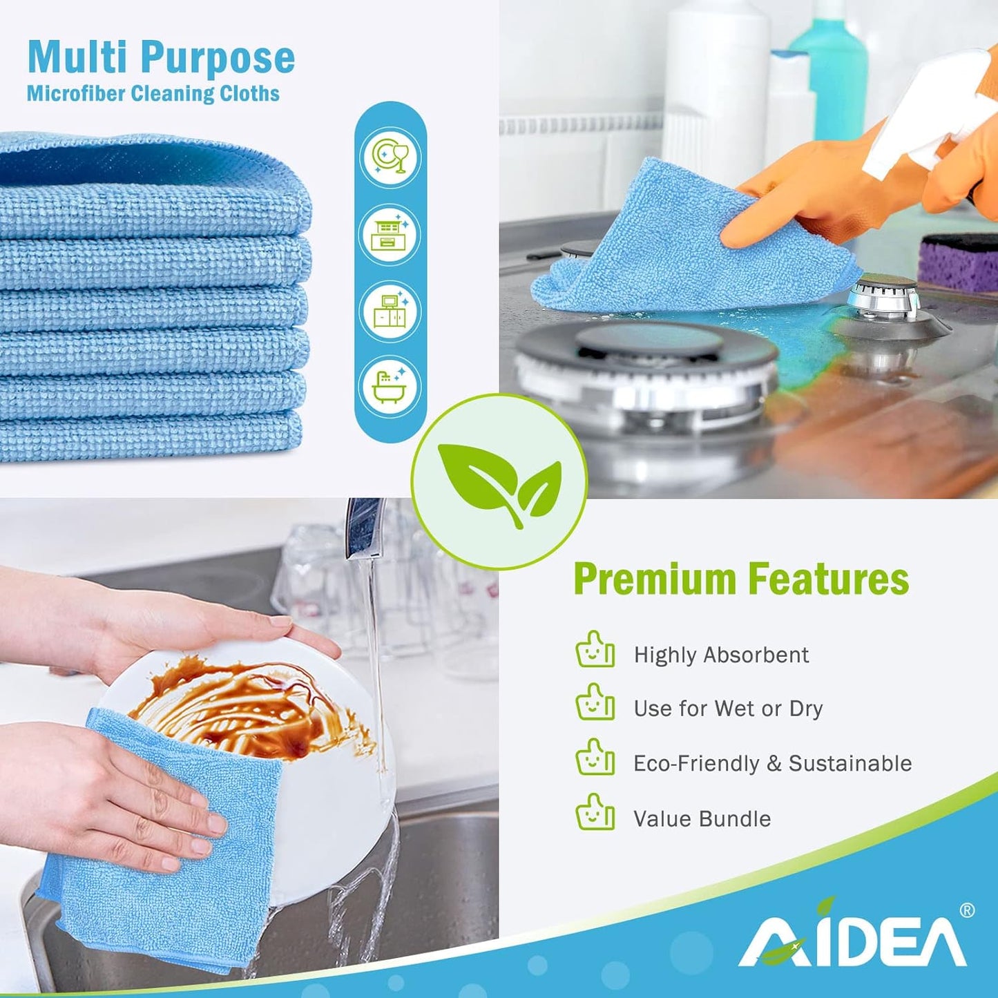 AIDEA Blue Microfiber Cleaning Cloth 24PK, Soft Absorbent Cleaning Rags, Lint Free Cloth for House, Kitchen, Car, Window, Gifts, Blue Dish Rags, 11.5"×11.5"