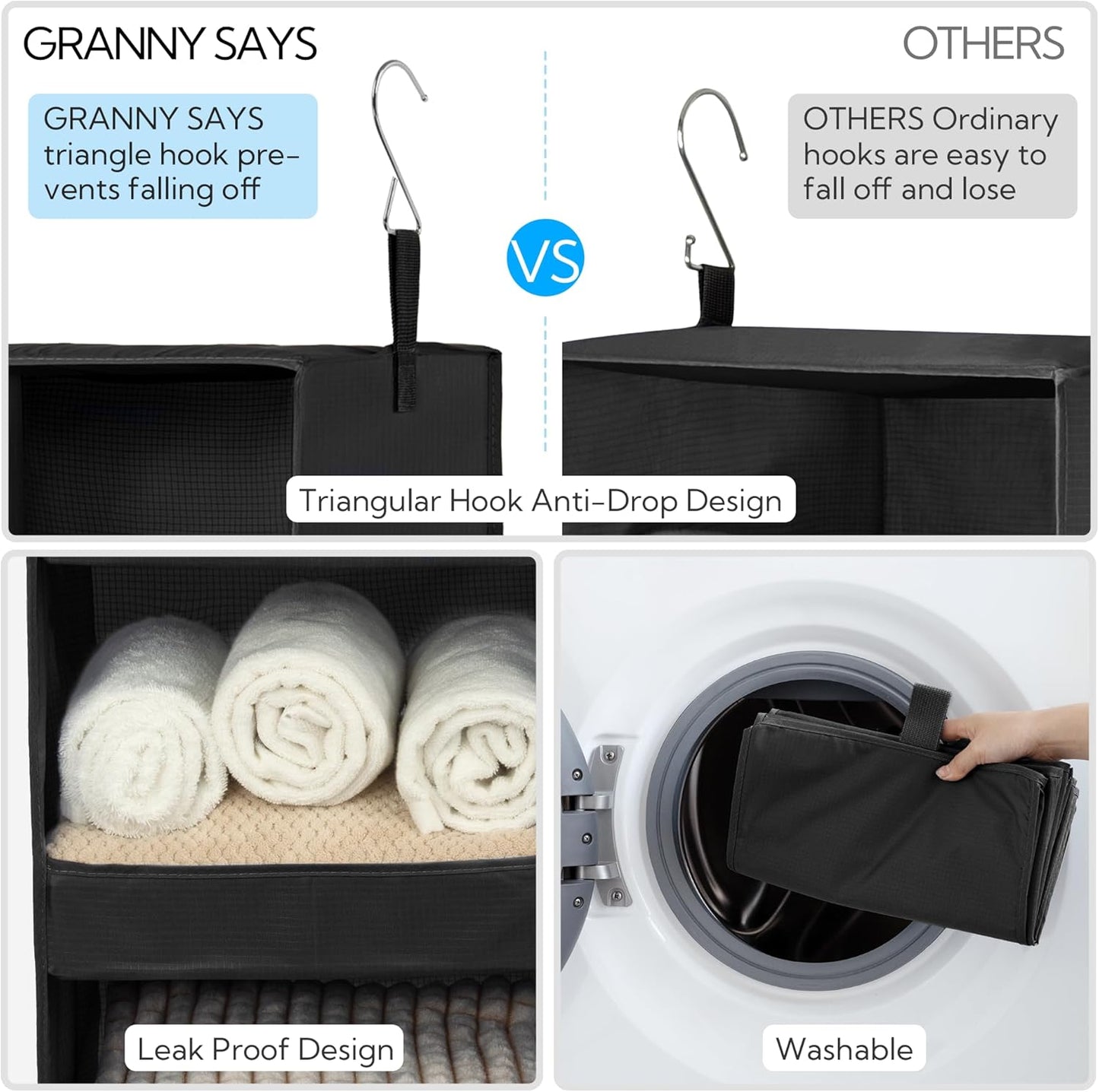 GRANNY SAYS Hanging Closet Shelf, 3-Shelf Foldable Hanging Organizers and Storage, Hanging Organizer for Camper Organization, Black, 2-Pack