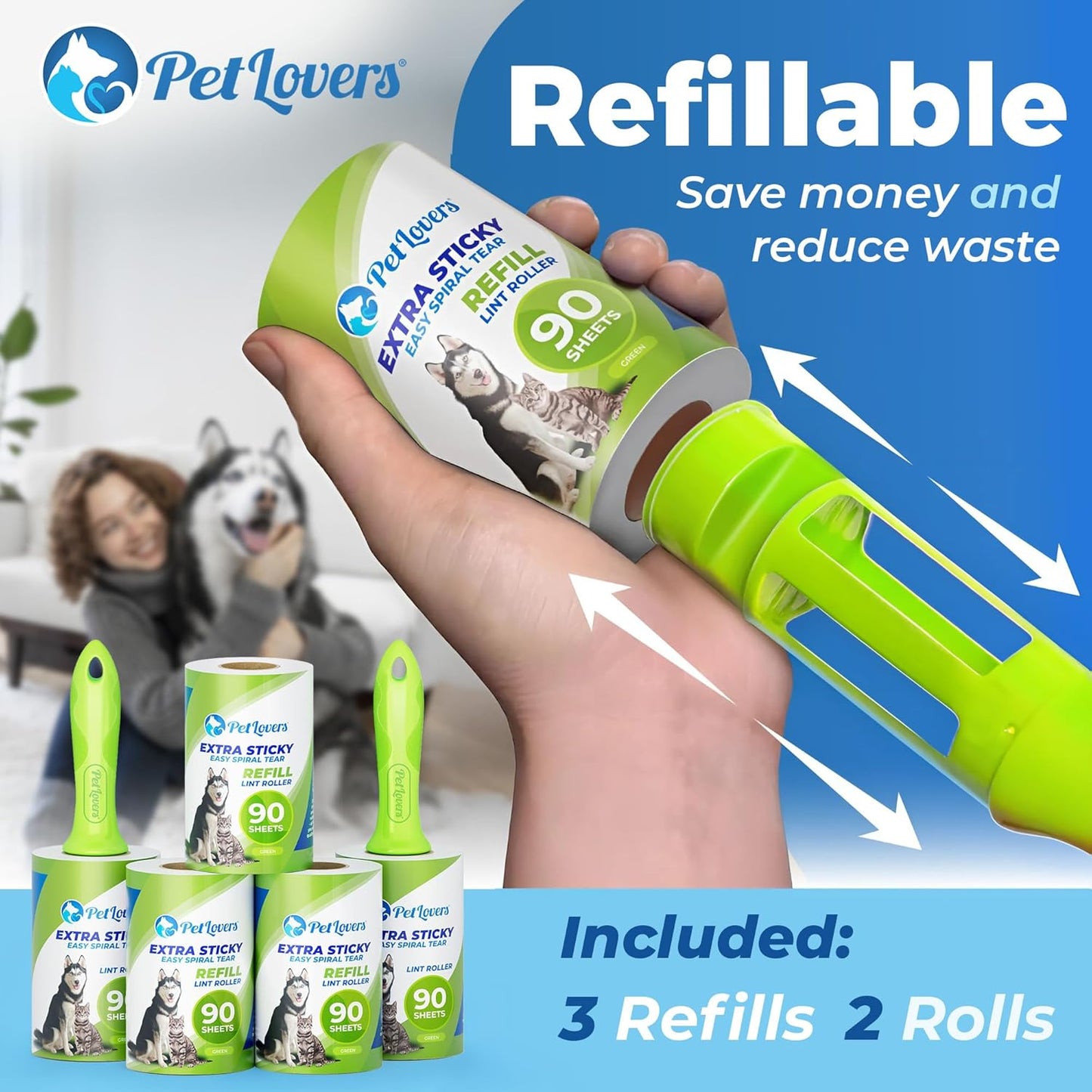 PetLovers Extra Sticky Lint Roller Mega Value Set 450 Sheets for Pet Hair Removal and Clothes, Dog and Cat Lint Remover 5 Pack Green